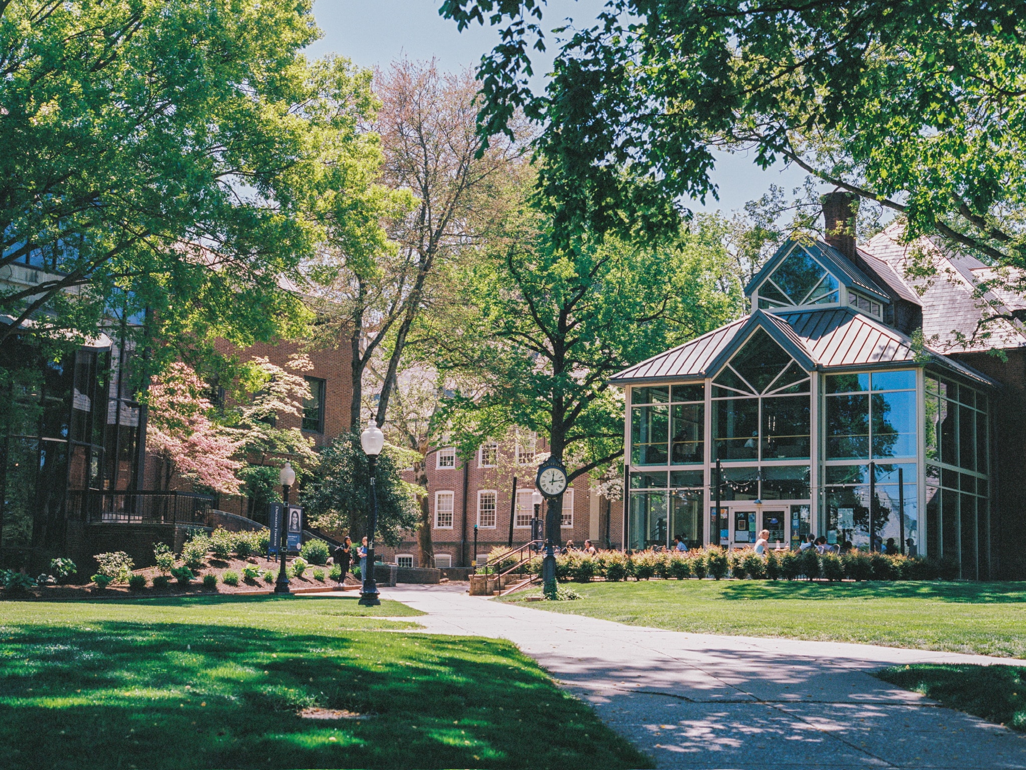 A picturesque college campus scene features a modern glass building surrounded by lush green trees and well-maintained lawns. Pathways wind through the grounds, and a clock is visible among the foliage. Bright sunlight illuminates the area under a clear blue sky, highlighting the beauty much like elegant web design.