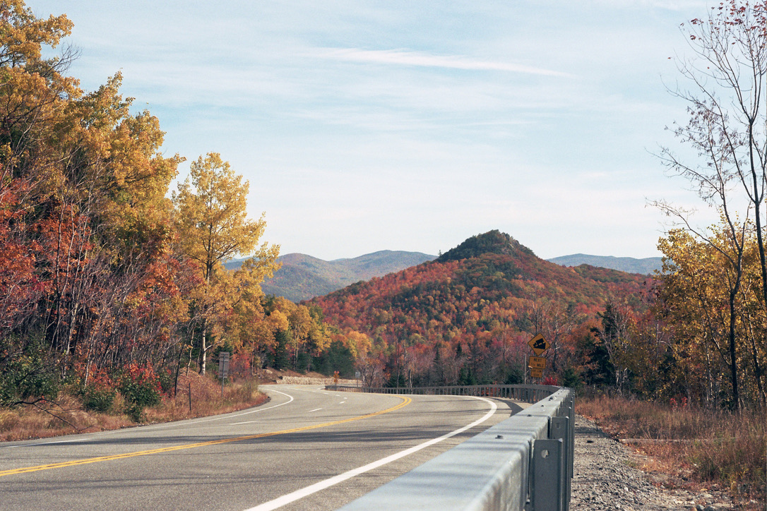 A winding road curves to the left through a scenic autumn landscape, invoking inspiration for graphic design. Trees displaying vibrant fall foliage in shades of red, orange, and yellow line the road. Rolling hills and distant mountains are visible under a clear blue sky. A guardrail runs along the road.