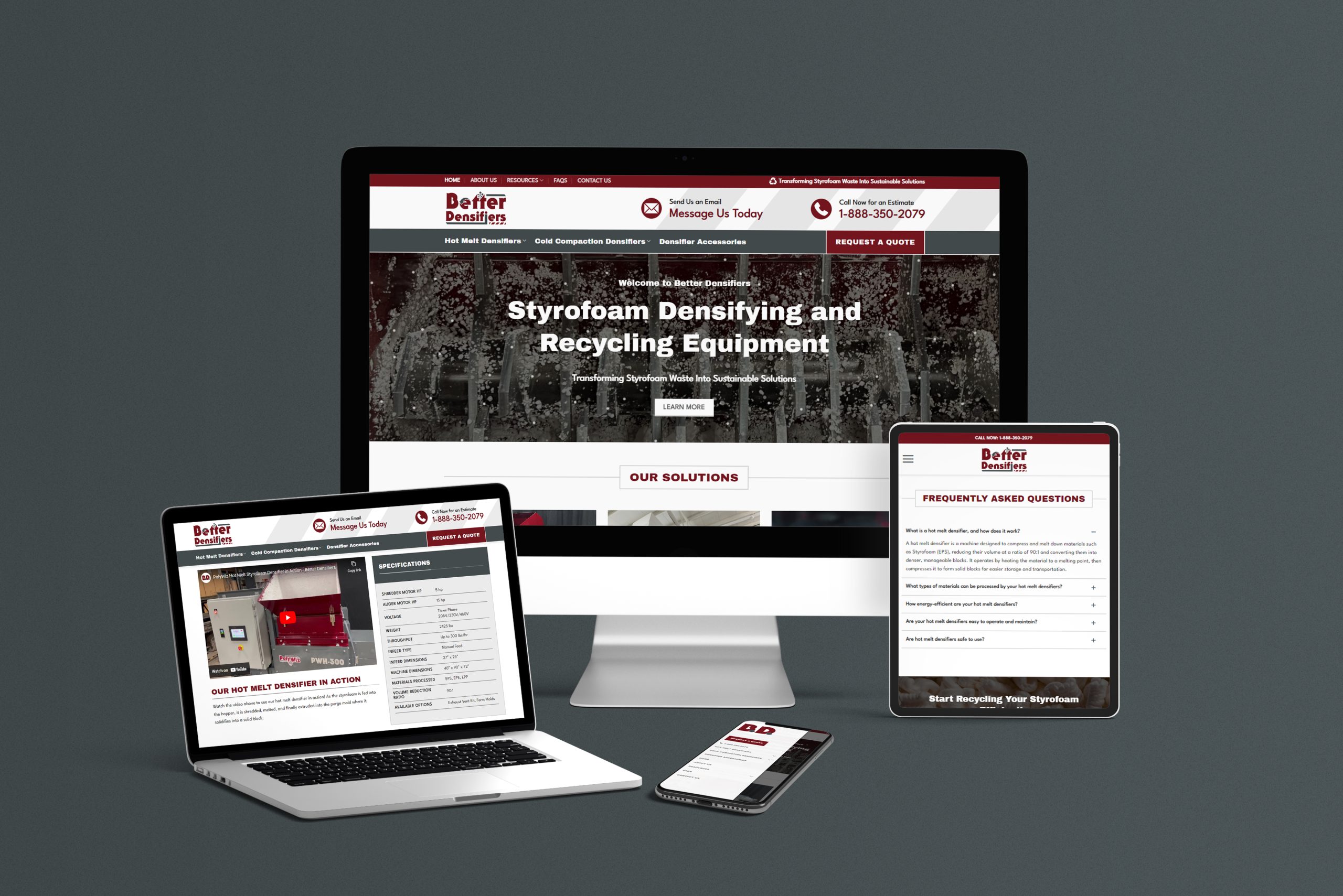 A showcase of a responsive web design for "Better Densifiers" featuring Styrofoam densifying and recycling equipment. The custom website is displayed on a desktop monitor, laptop, tablet, and smartphone, highlighting consistent design across all devices.