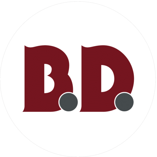 The image showcases a circular white background with the initials "BD" in bold, dark red letters. Each letter has a small dark grey circle at its base, beneath the vertical lines of the B and D, highlighting expert graphic design elements perfect for custom websites.