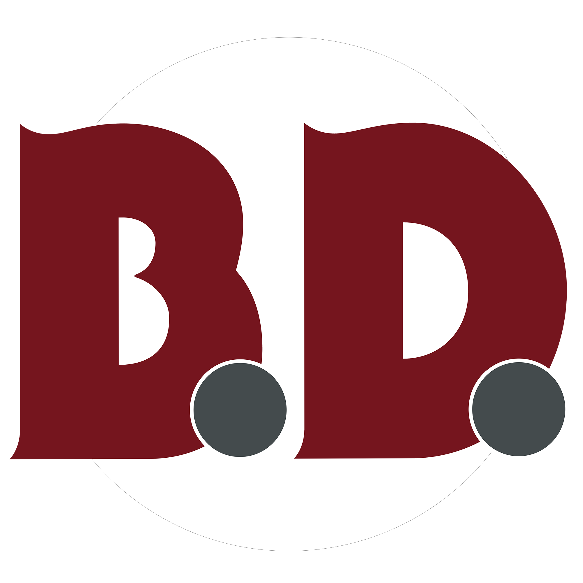 A logo comprised of the letters "B" and "D" stylized in a bold, dark red font with a circular cutout intersecting the two letters. The logo also features black and white curved shapes surrounding the letters, giving it a dynamic, abstract look, perfect for Millworks Web Design & Graphics.