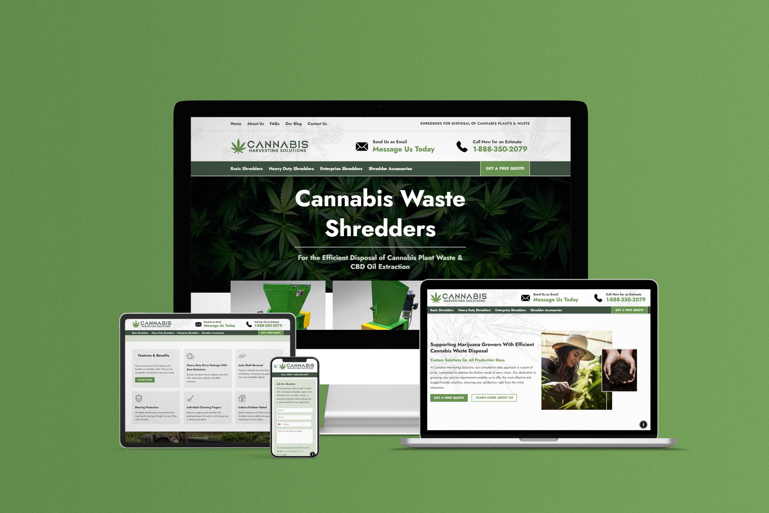 A green-themed website, crafted by Millworks Web Design & Graphics, is shown on a smartphone, laptop, tablet, and desktop screen. The homepage headline reads "Cannabis Waste Shredders," with subtext about efficient disposal of cannabis plant waste. The site features a sleek, modern design with cannabis imagery.