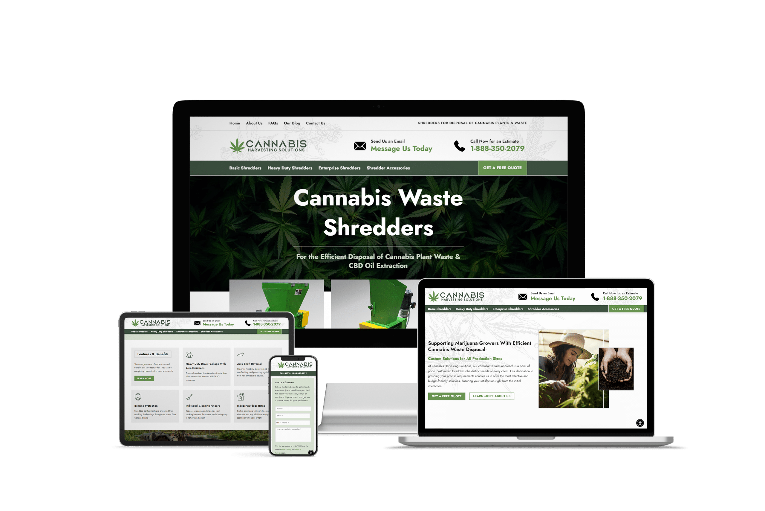 A desktop computer, laptop, tablet, and smartphone all display a website for "Cannabis Waste Shredders," designed by Millworks Web Design & Graphics. The site promotes solutions for disposing of cannabis plant waste and features options for sales inquiries, contact information, and user testimonials.