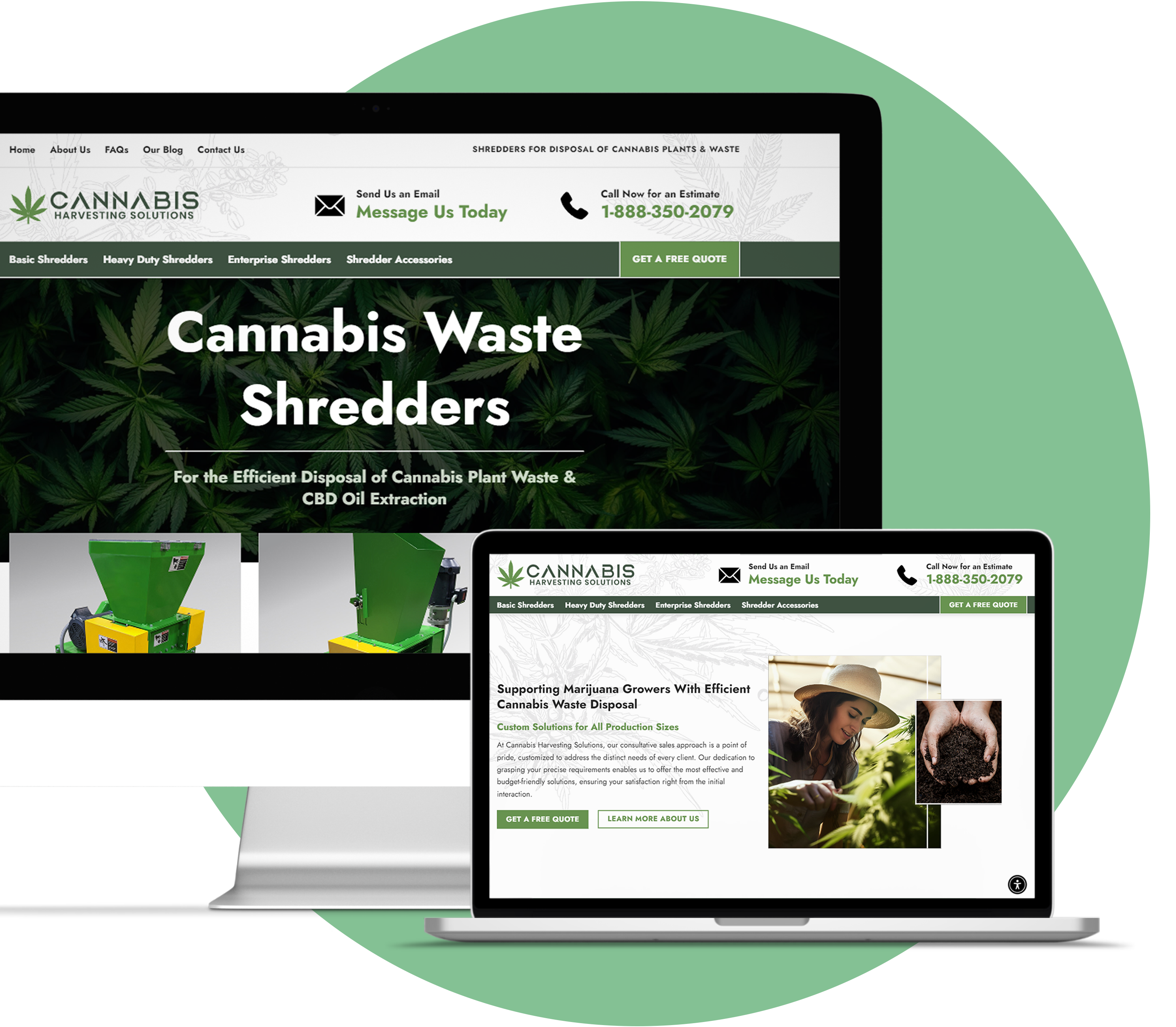 A laptop and desktop displaying the Cannabis Shredding Solutions website, featuring cannabis waste shredders. The site, showcasing custom web design and green branding, includes images of shredding machines and a contact number. The desktop shows the main page while the laptop presents a related article.