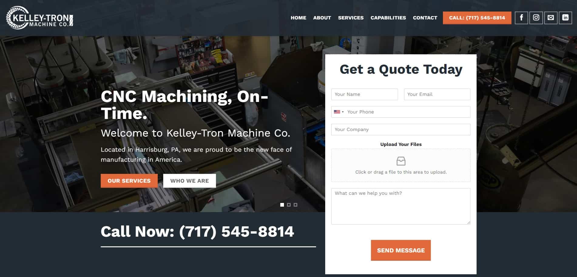 A website homepage for Kelley-Tron Machine Co., expertly crafted with cutting-edge web design, promoting CNC Machining services. The page features a call-to-action to get a quote with a form for contact information. Contact details and navigation links to services, capabilities, and contact are visible.