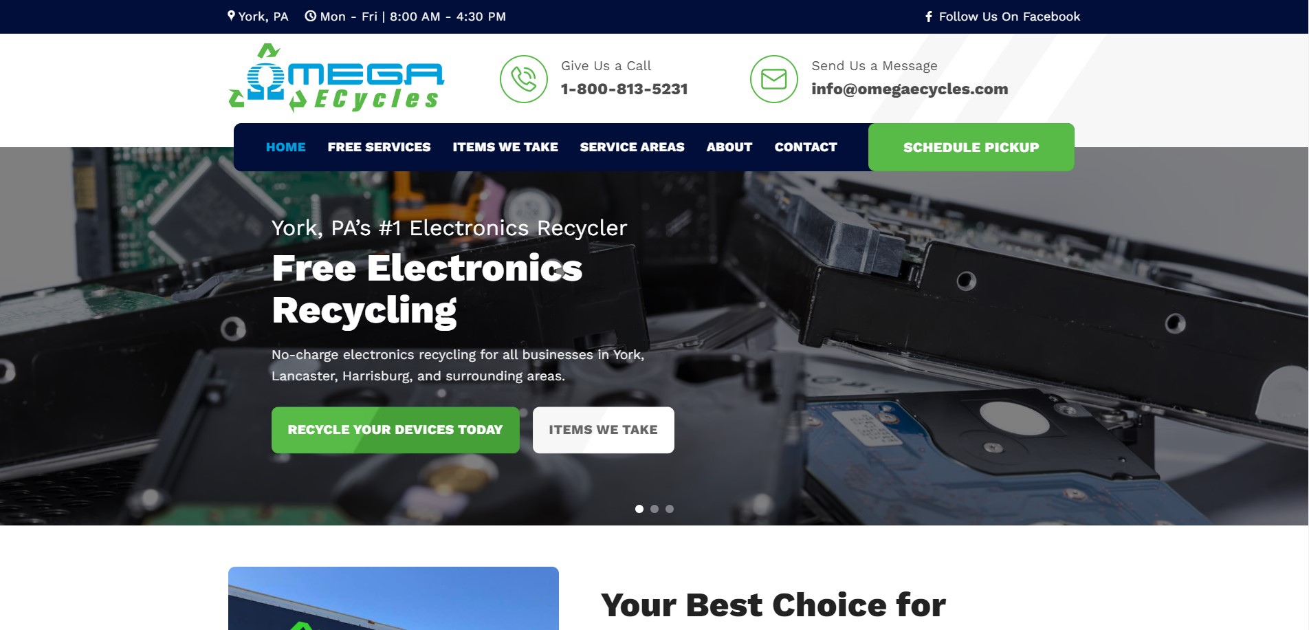 Screenshot of Omega ECycles website homepage. The header includes contact information and social media icons, showcasing well-executed web design. The main section highlights "Free Electronics Recycling" with buttons for "Recycle Your Devices Today" and "Items We Take." Images of electronic parts are visible.