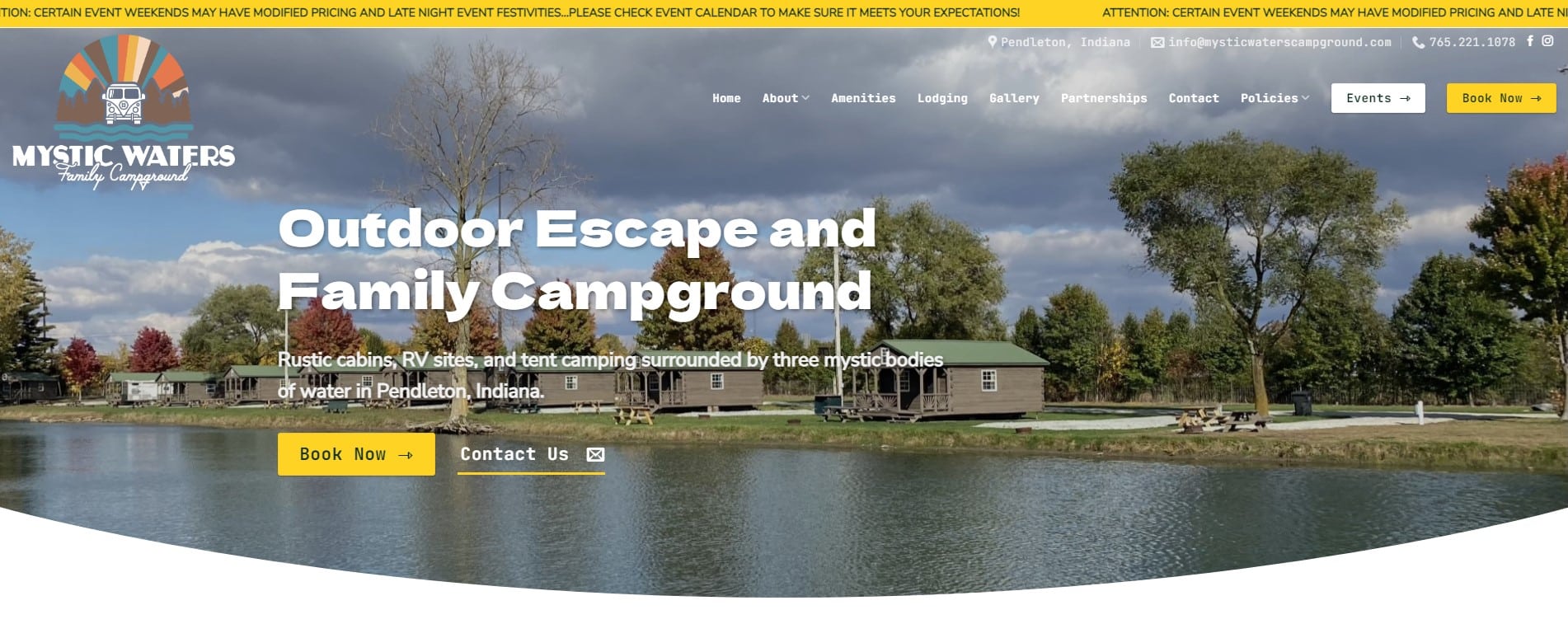 A campground website header designed by Millworks Web Design & Graphics for Mystic Waters Family Campground. The background shows rustic cabins near water under a blue sky. Text includes "Outdoor Escape and Family Campground" along with contact information and a "Book Now" button.