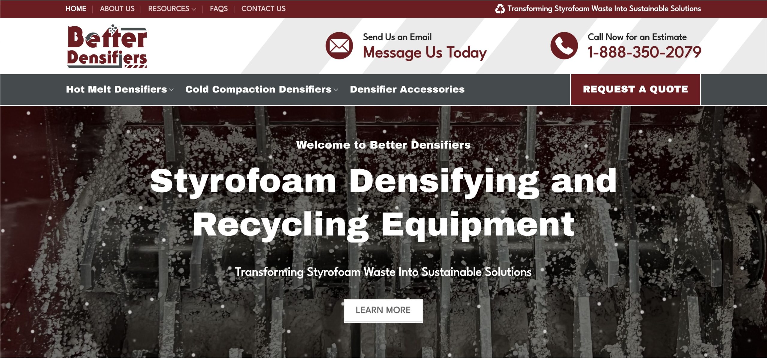 Website homepage for Better Densifiers showcasing styrofoam densifying and recycling equipment. The header includes contact information and a "Request a Quote" button. Our expertly crafted web design features a main banner quoting "Transforming Styrofoam Waste Into Sustainable Solutions.