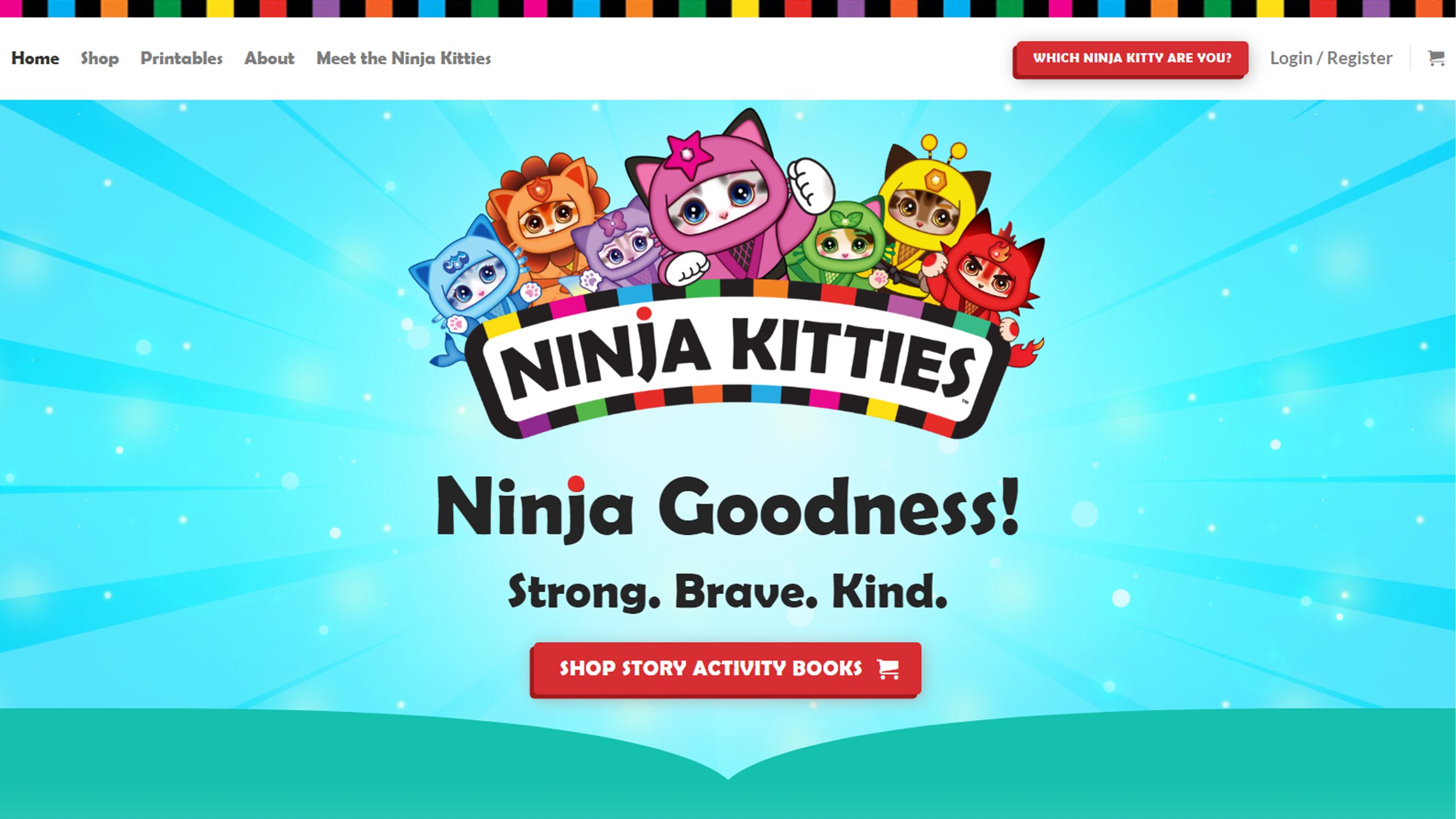 A colorful website banner designed by Millworks Web Design & Graphics features six cartoon cat characters in ninja costumes above the text "Ninja Kitties - Ninja Goodness! Strong. Brave. Kind." A red button below the text says "Shop Story Activity Books." The background has a teal gradient with sparkles.