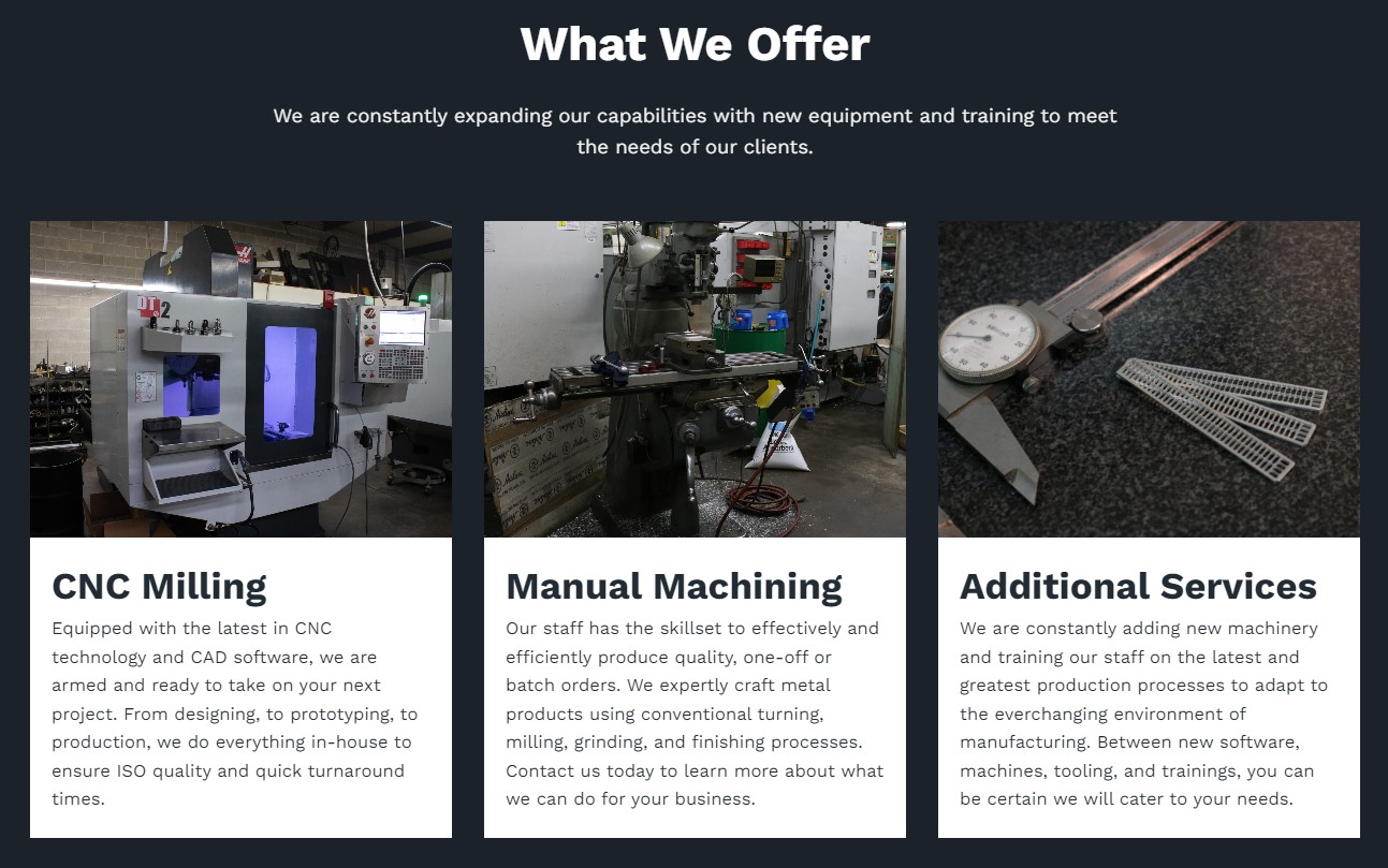 Three vertical sections on a dark background detail Millworks Web Design & Graphics' services with images above each section. The services are CNC Milling, Manual Machining, and Additional Services, with corresponding descriptions and photos of equipment related to each service.