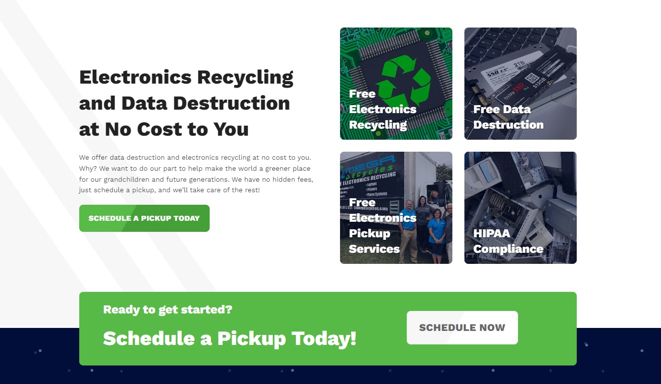 A web page designed by Millworks Web Design & Graphics offers electronics recycling and data destruction services. It includes a green button labeled "Schedule a Pickup Today," and four sections with images: "Free Electronics Recycling," "Free Data Destruction," "Free Electronics Pickup Services," and "HIPAA Compliance.