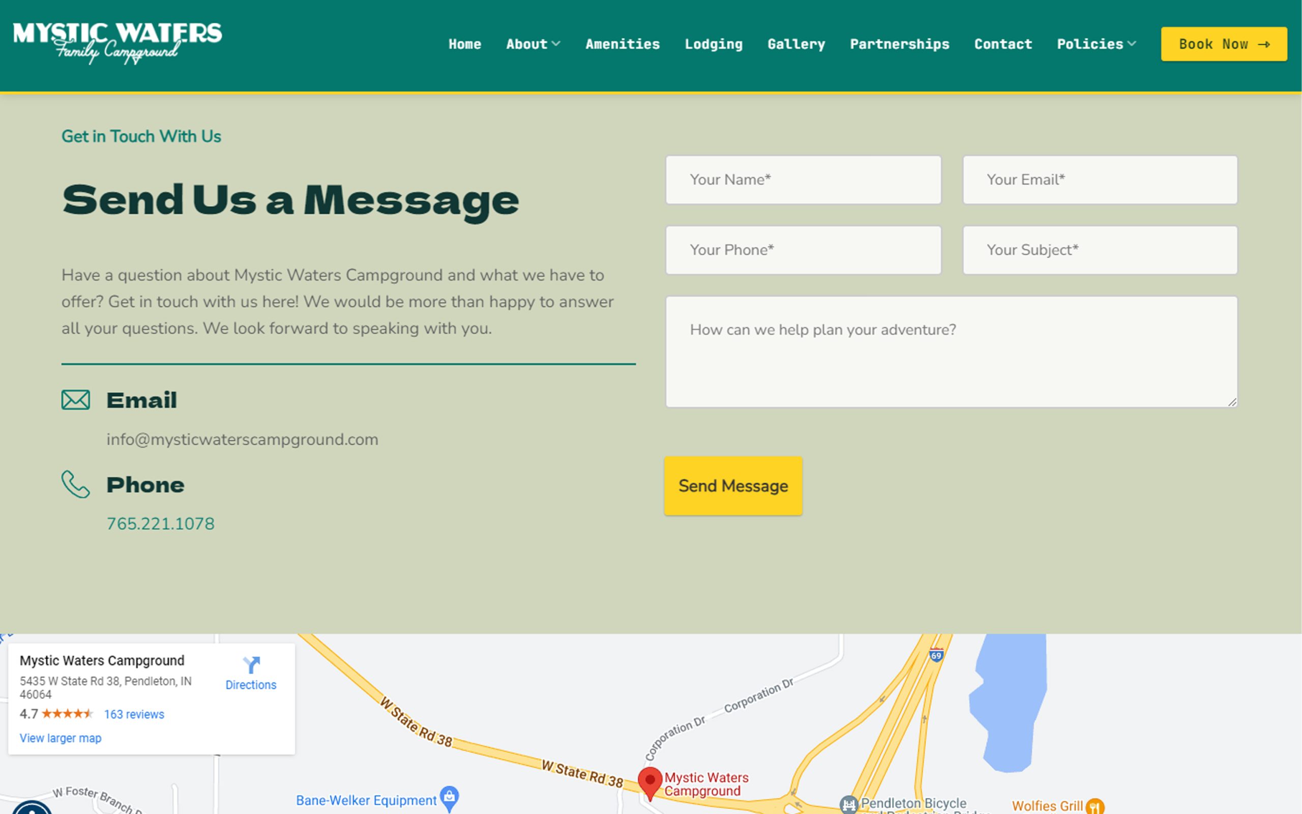 A contact page for Mystic Waters Campground, designed by Millworks Web Design & Graphics, includes a form to send a message. It asks for name, email, phone, and subject. There's also an email address and phone number listed for contact. A map shows the location at the bottom left corner. A "Send Message" button is present.