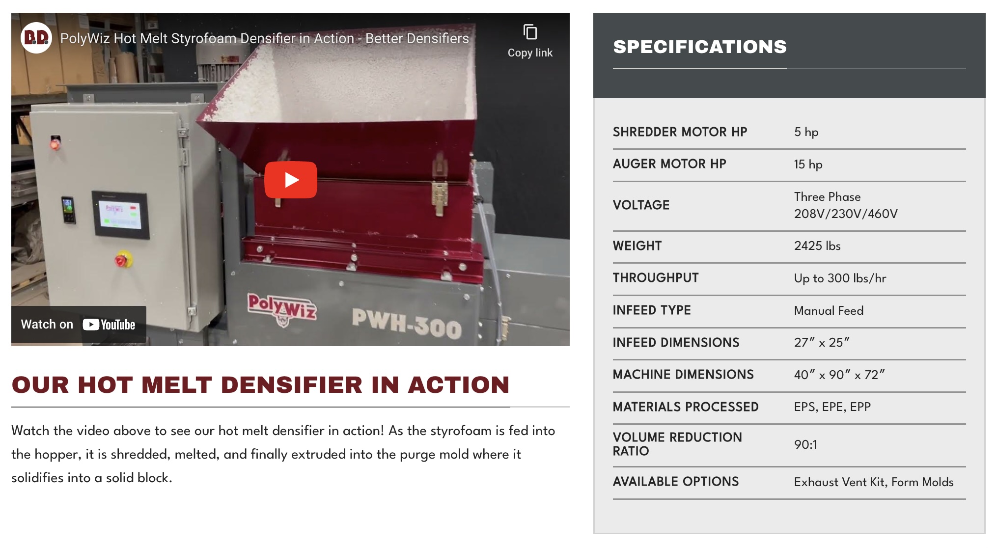 A PolyWiz PWH-300 hot melt densifier is showcased in action by Millworks Web Design & Graphics. Specifications include a 5 HP shredder motor, 15 HP auger motor, 208V/460V voltage, 1,763 lbs weight, 300 lbs/h throughput, and dimensions of 27” x 36” x 67”. Materials processed include EPS