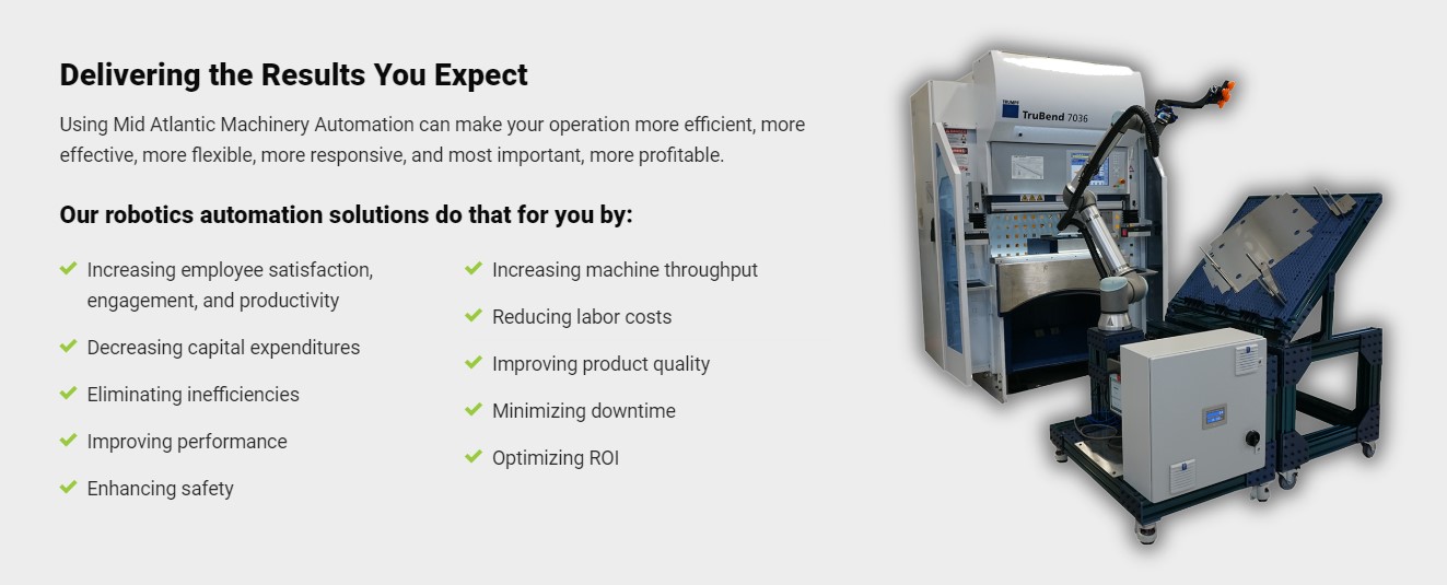 An image showing a robotics automation machine next to a list of benefits provided by Mid Atlantic Machinery Automation, designed with Millworks Web Design & Graphics. The benefits include: increased productivity, decreased costs, improved performance, enhanced safety, increased throughput, and optimized ROI.