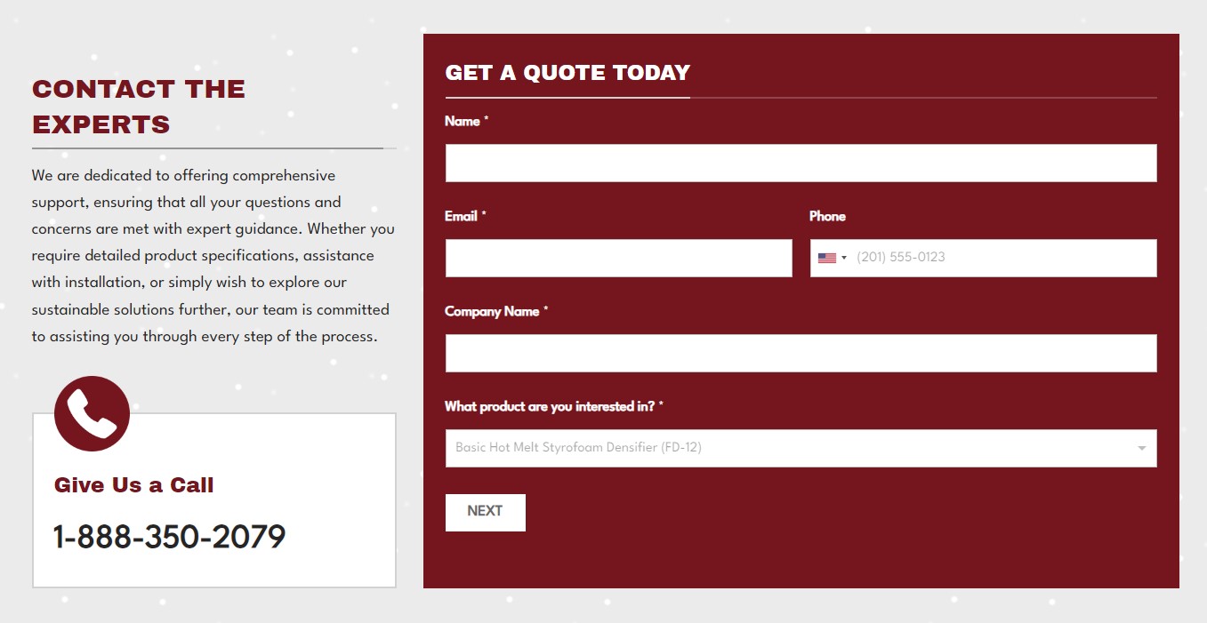 A form to get a quote with fields for Name, Email, Phone, Company Name, and Product Interest. To the left, there's a message about contacting the experts at Millworks Web Design & Graphics for guidance on custom websites and graphic design. A call icon accompanies their phone number, 1-888-350-2079.