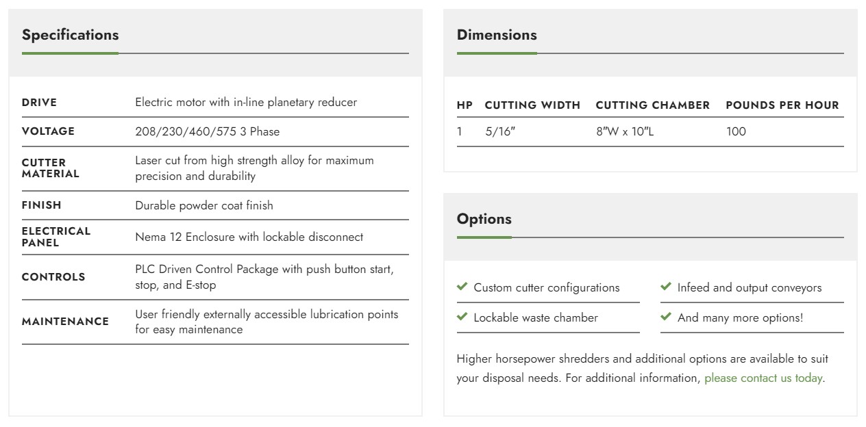 A product specifications sheet with sections for Specifications, Dimensions, and Options by Millworks Web Design & Graphics. Details include drive type, voltage, cutter material, finish, electrical panel, controls, and maintenance. Dimensions and customization options are listed. A contact link is provided.