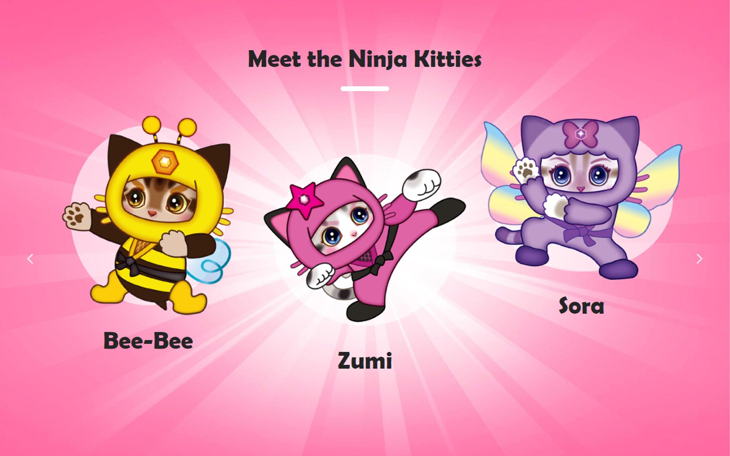 A poster titled "Meet the Ninja Kitties," designed by Millworks Web Design & Graphics, shows three cartoon kitties: Bee-Bee dressed as a bee on the left, Zumi in a pink ninja outfit in the center, and Sora in a purple outfit with dragonfly wings on the right. The background features pink light rays.