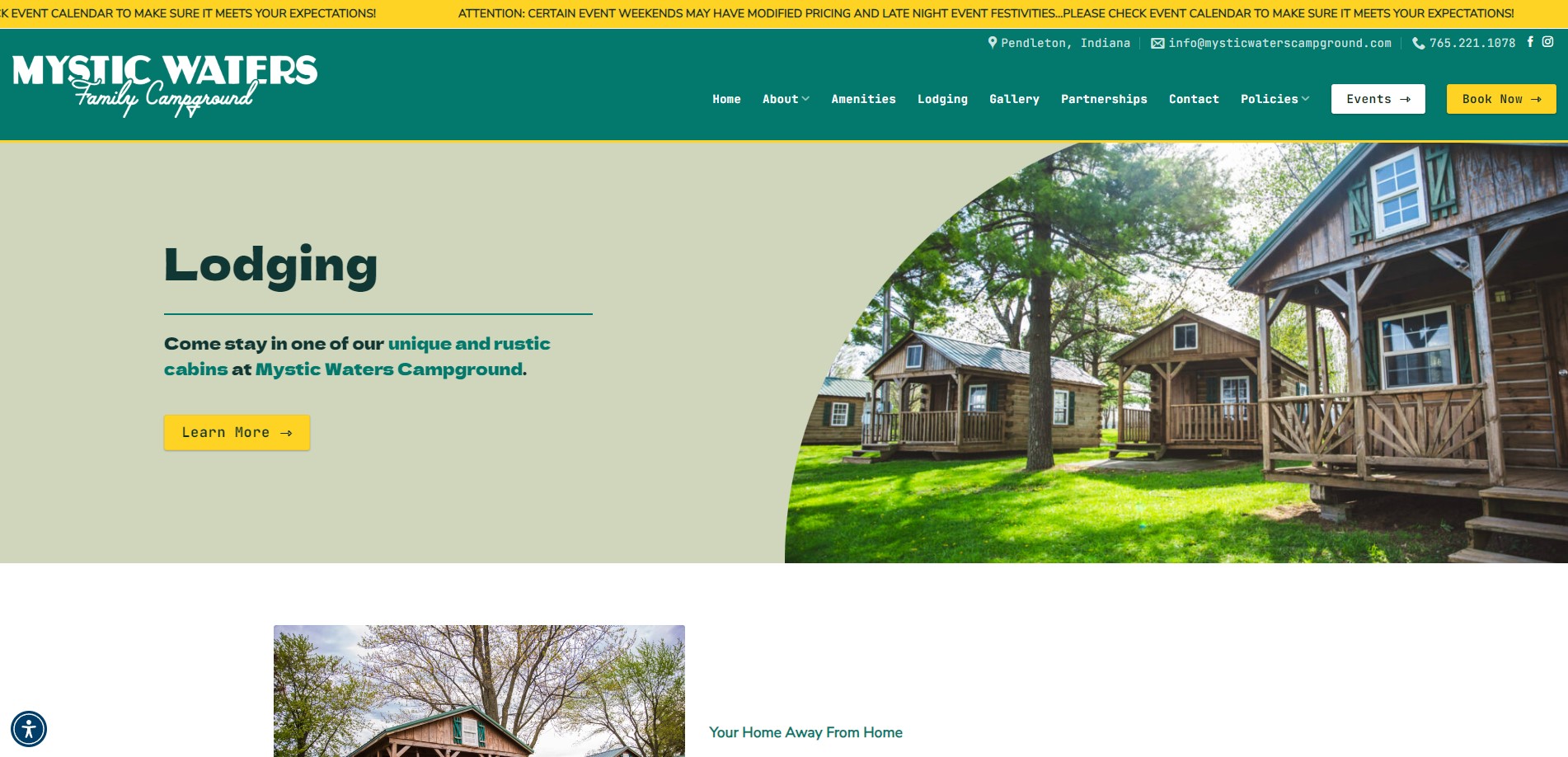 Screenshot of the Mystic Waters Campground website showing the Lodging page. Designed by Millworks Web Design & Graphics, the site highlights an invitation to stay in rustic cabins. It features a logo, menu options, a large heading, and an image of cabins surrounded by trees and greenery.