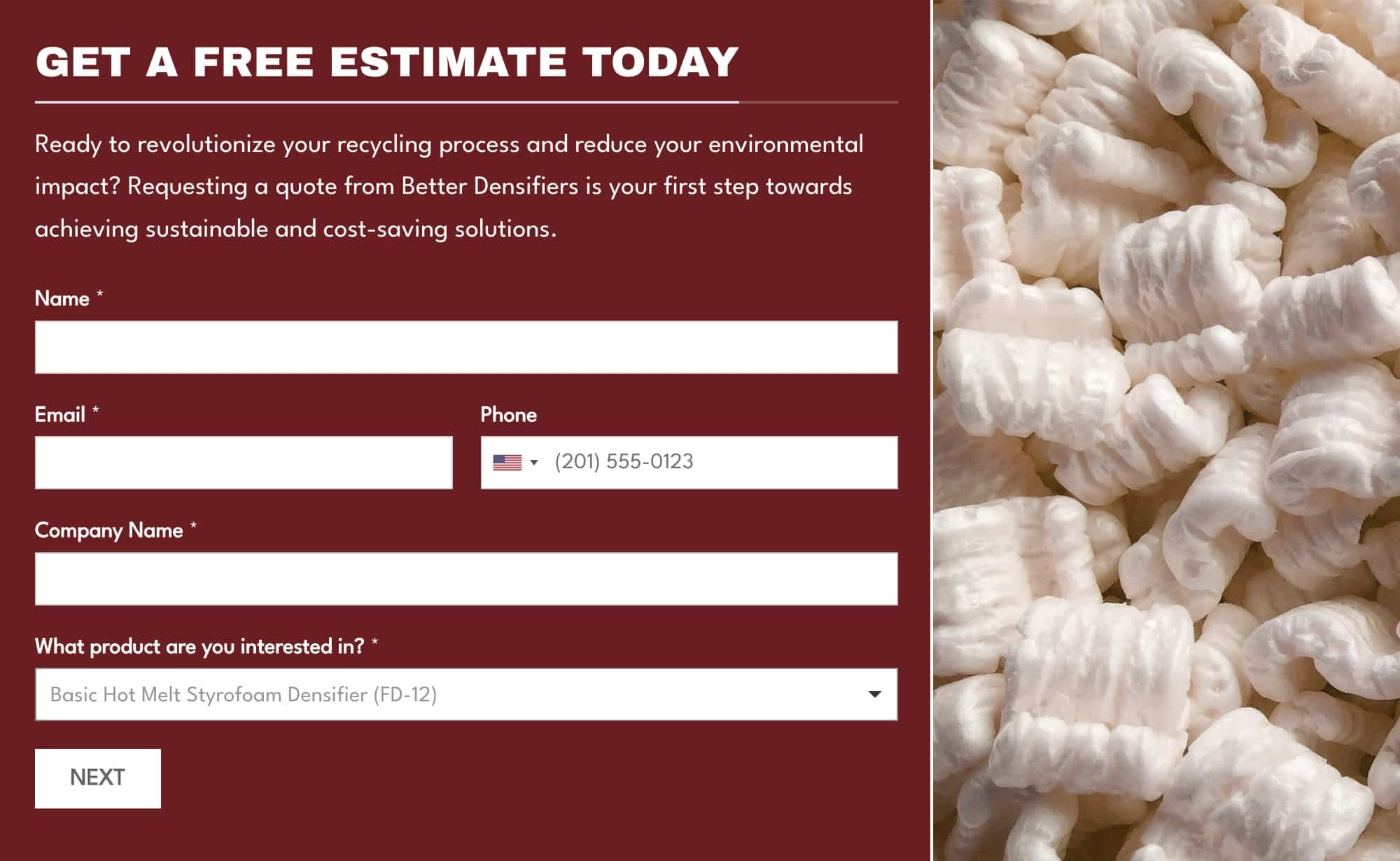 The image displays a form titled "Get a Free Estimate Today," featuring fields for Name, Email, Phone, Company Name, and a dropdown for selecting a product. The right side's background showcases packing peanuts. The form is from Better Densifiers, in collaboration with Millworks Web Design & Graphics.