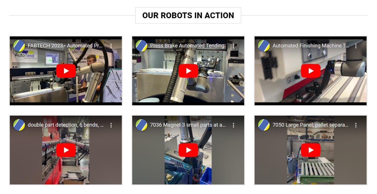 A screenshot of a webpage section titled "OUR ROBOTS IN ACTION" showcasing six video thumbnails. Each thumbnail features robotic systems performing various automated tasks, such as pressing, finishing, detecting parts, and handling panels, with a prominent play button. The sleek web design highlights modern digital marketing strategies.