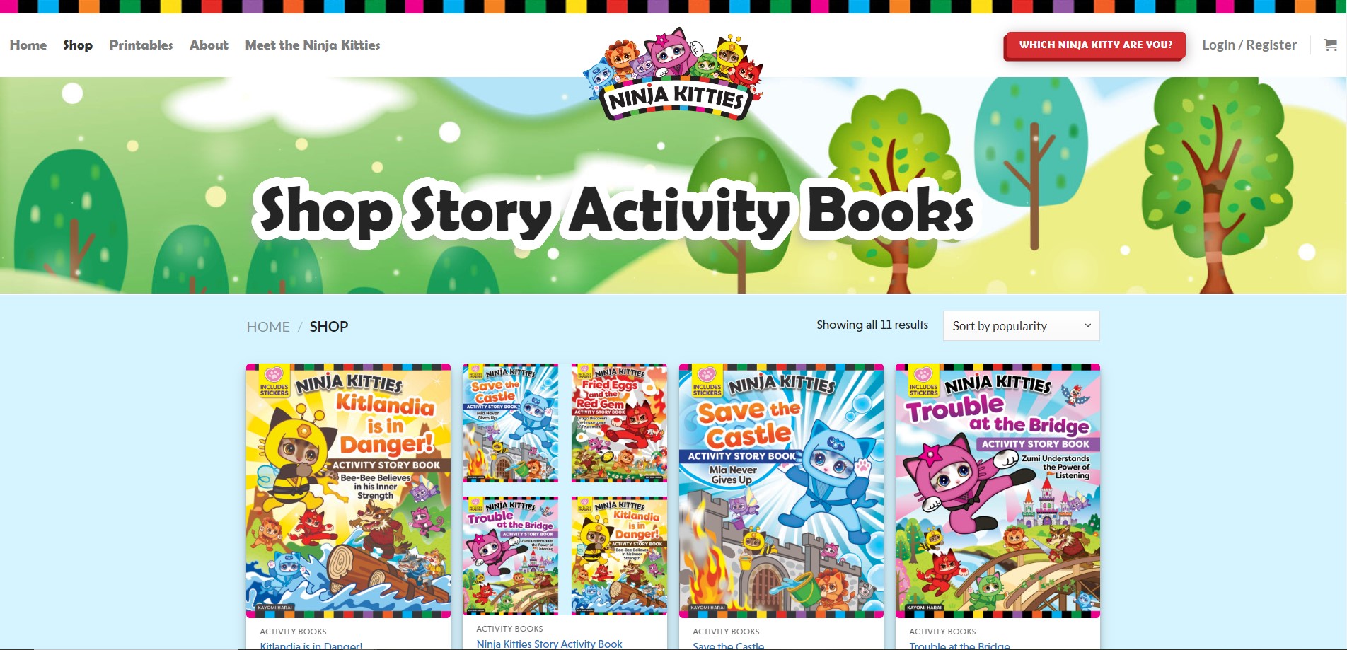 The image displays a web page for "Ninja Kitties" activity books, crafted by Millworks Web Design & Graphics. Brightly colored book covers feature cartoon cats in various scenarios. The page header reads "Shop Story Activity Books" and includes a navigation bar and an option to log in or register.