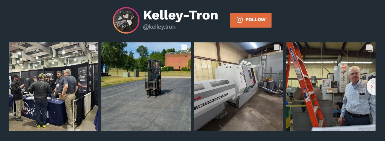 A collage of four images. The first image shows people interacting at an exhibition booth, highlighting their interest in digital marketing. The second image features a forklift outdoors on a sunny day. The third image displays industrial machinery inside a workshop, reflecting intricate graphic design. The fourth image shows a person standing next to machinery.