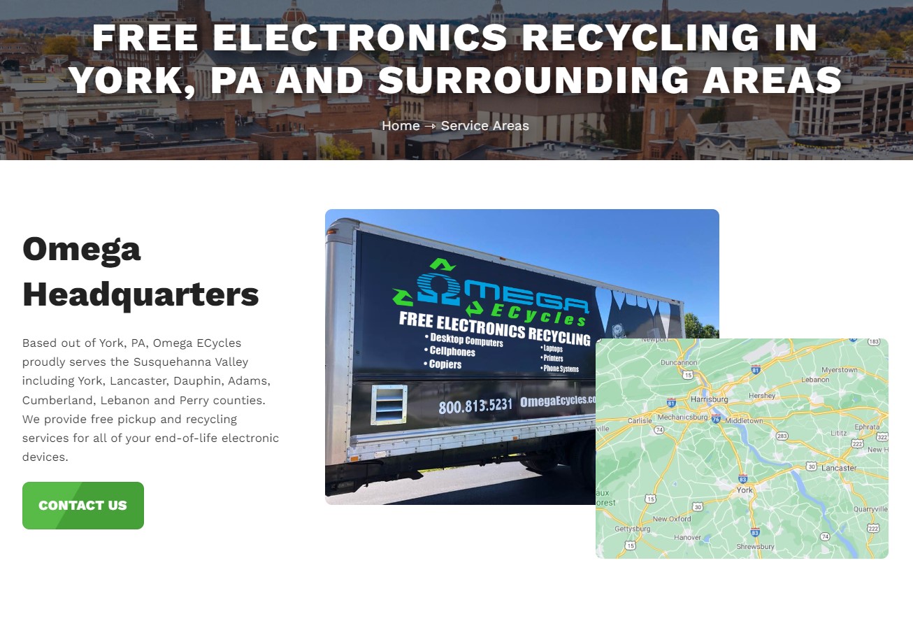 An image of a custom webpage for Omega eCycles, designed by Millworks Web Design & Graphics. The top banner reads "Free Electronics Recycling in York, PA and Surrounding Areas." Below is an image of a truck with "Free Electronics Recycling" and contact info, next to a map highlighting various service areas. A green "Contact Us" button is at the bottom left.