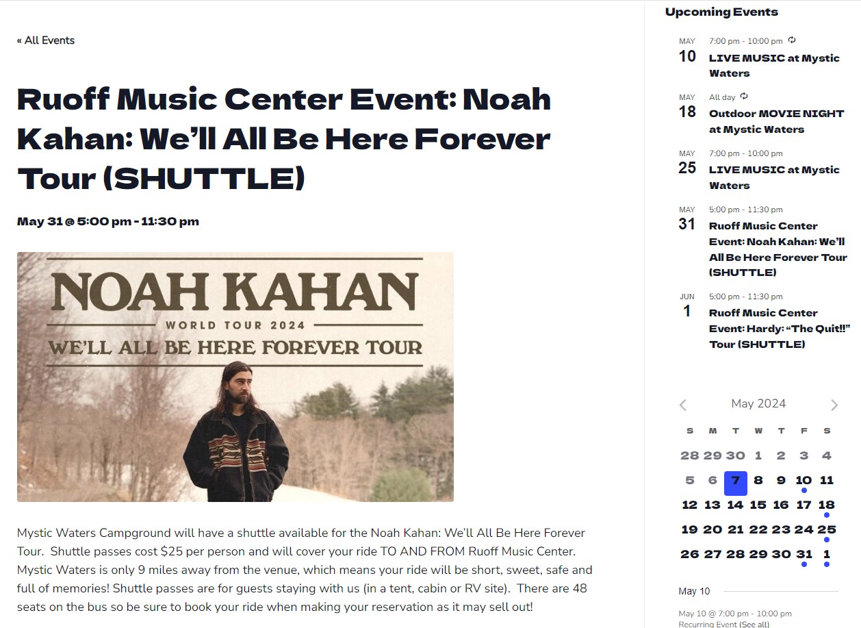 Screenshot of a web page designed by Millworks Web Design & Graphics detailing the Noah Kahan "We'll All Be Here Forever Tour" event at Ruoff Music Center on May 31st. It includes information about shuttle services from Mystic Waters Campground, event timing, and related upcoming events. Calendar displays May 2024.