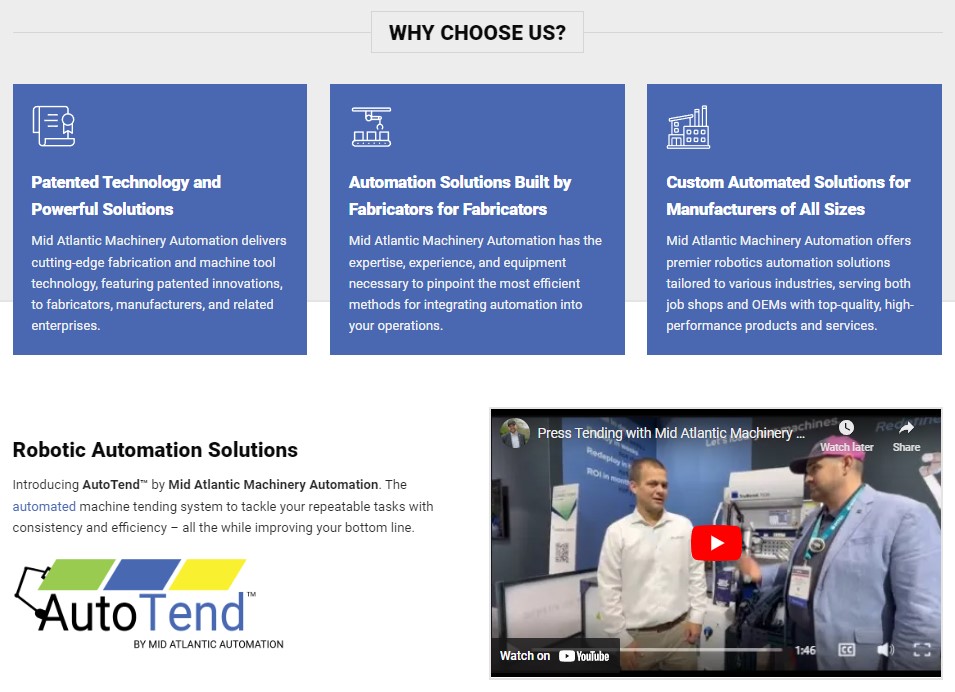 Image showing the "Why Choose Us?" section of the Mid Atlantic Machinery website. Three key points are highlighted: Patented Technology, Automation Solutions by Fabricators, and Custom Automated Solutions. A video titled "Press Tending with Mid Atlantic Machinery" is visible below, designed by Millworks Web Design & Graphics.