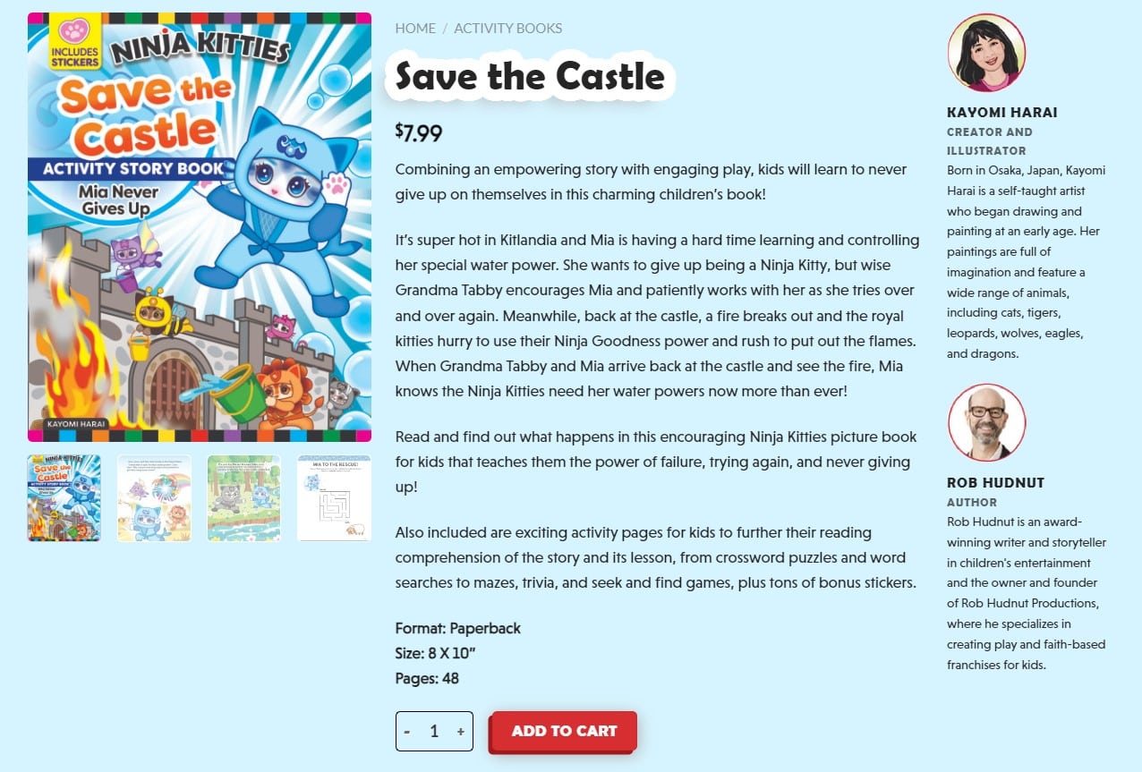 Save the Castle" activity book cover features vibrant illustrations of a ninja and castle, showcasing impeccable graphic design. Product description highlights the engaging storyline and educational activities. Includes author and illustrator bios with photos. Price: $7.99, format: paperback, pages: 48.