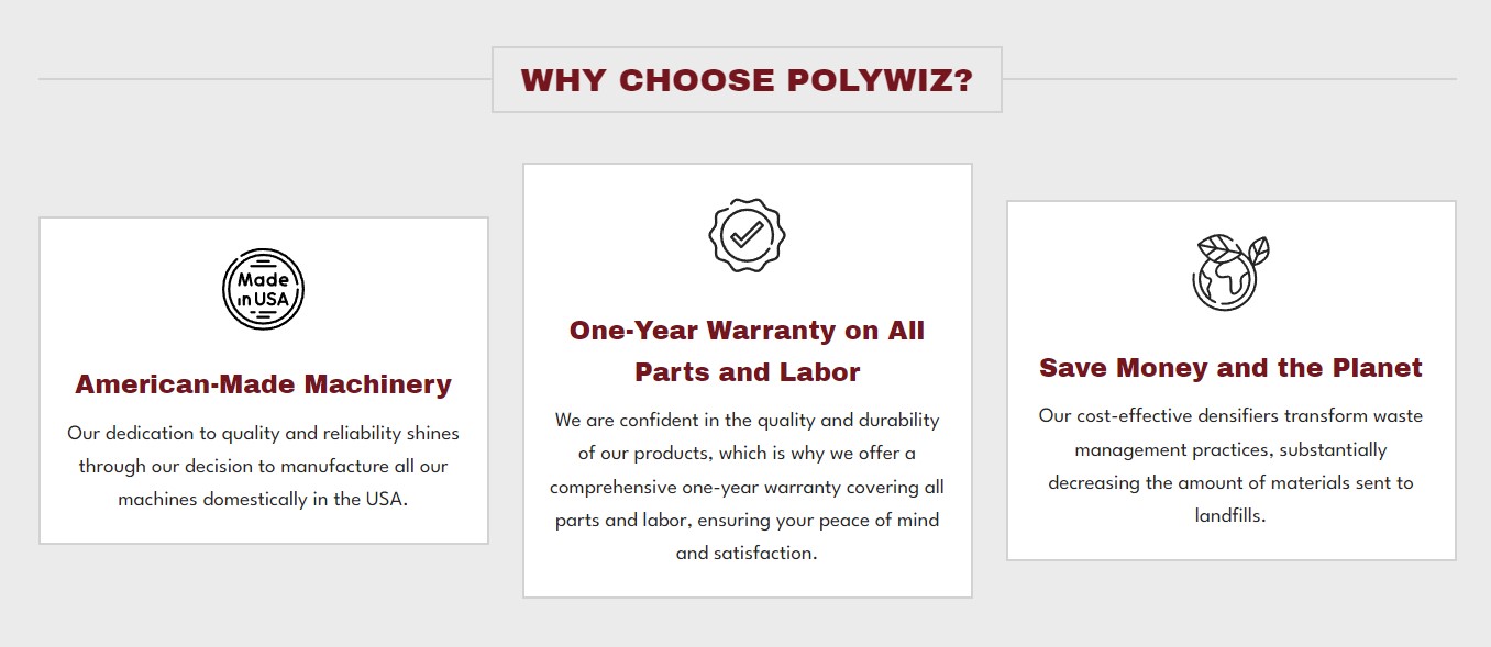 A graphic titled "Why Choose Polywiz?" with three columns: "American-Made Machinery" featuring a "Made in USA" logo, "One-Year Warranty on All Parts and Labor" with a warranty icon, and "Save Money and the Planet" with a recycling symbol. Expertly crafted using top-notch graphic design principles.