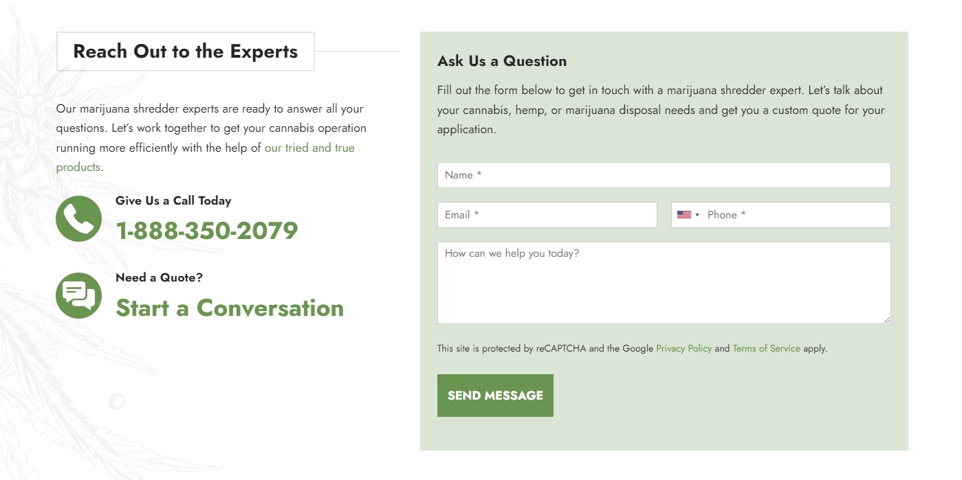 A contact form on a Millworks Web Design & Graphics site for reaching out to experts in marijuana shredder services. The form fields include Name, Email, Phone (with country code), and a message box. There's a phone number provided, 1-888-350-2079, and an option to start a conversation.