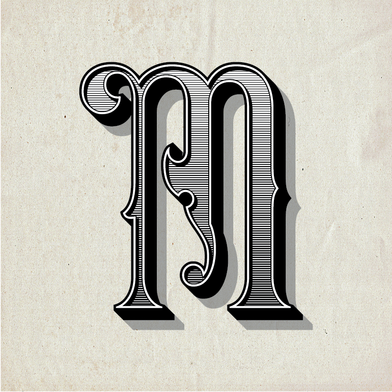 An ornate, black letter "M" with intricate detailing and shadows is set against a textured, light beige background. The design's vintage, engraving-like style gives the letter a bold and elegant appearance, reminiscent of custom websites that emphasize classic graphic design elements.