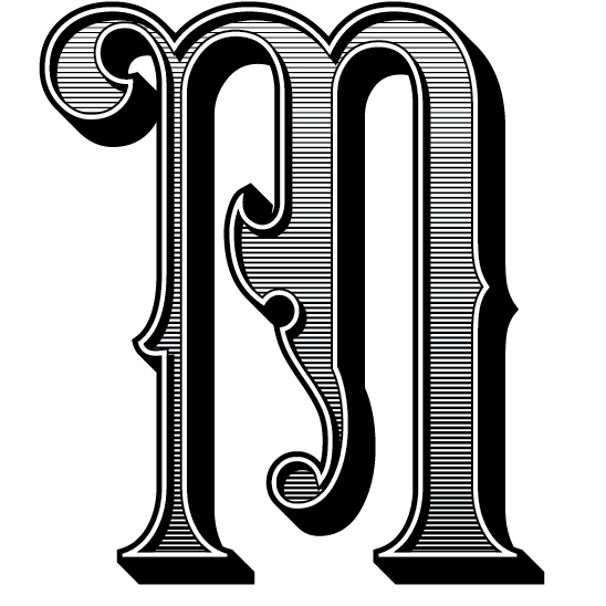 An artistic drawing of the letter "M" with intricate shading and detailing, giving it a decorative, vintage appearance. The design includes curved and straight lines for a three-dimensional effect. Created by Millworks Web Design & Graphics, it stands out against a solid black background, perfect for digital marketing.