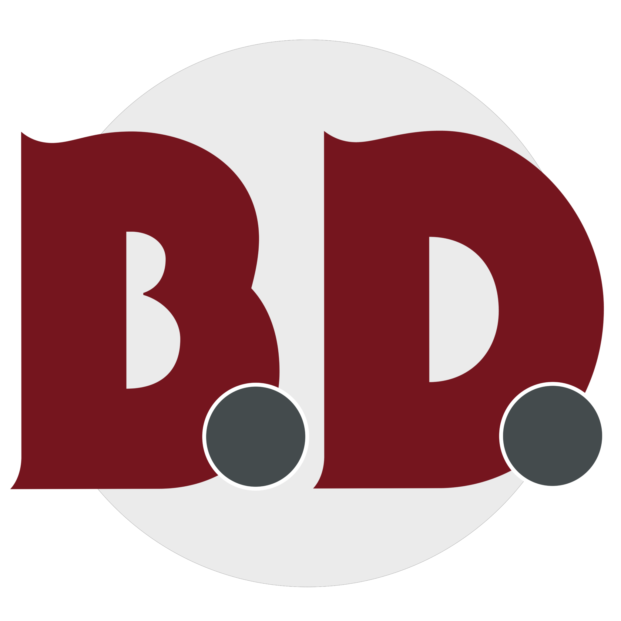 The image shows a logo for Millworks Web Design & Graphics with stylized red letters "B" and "D" against a white circle background. Both letters have gray dots overlapping their lower sections. The logo, showcasing expert graphic design, appears on a black background.