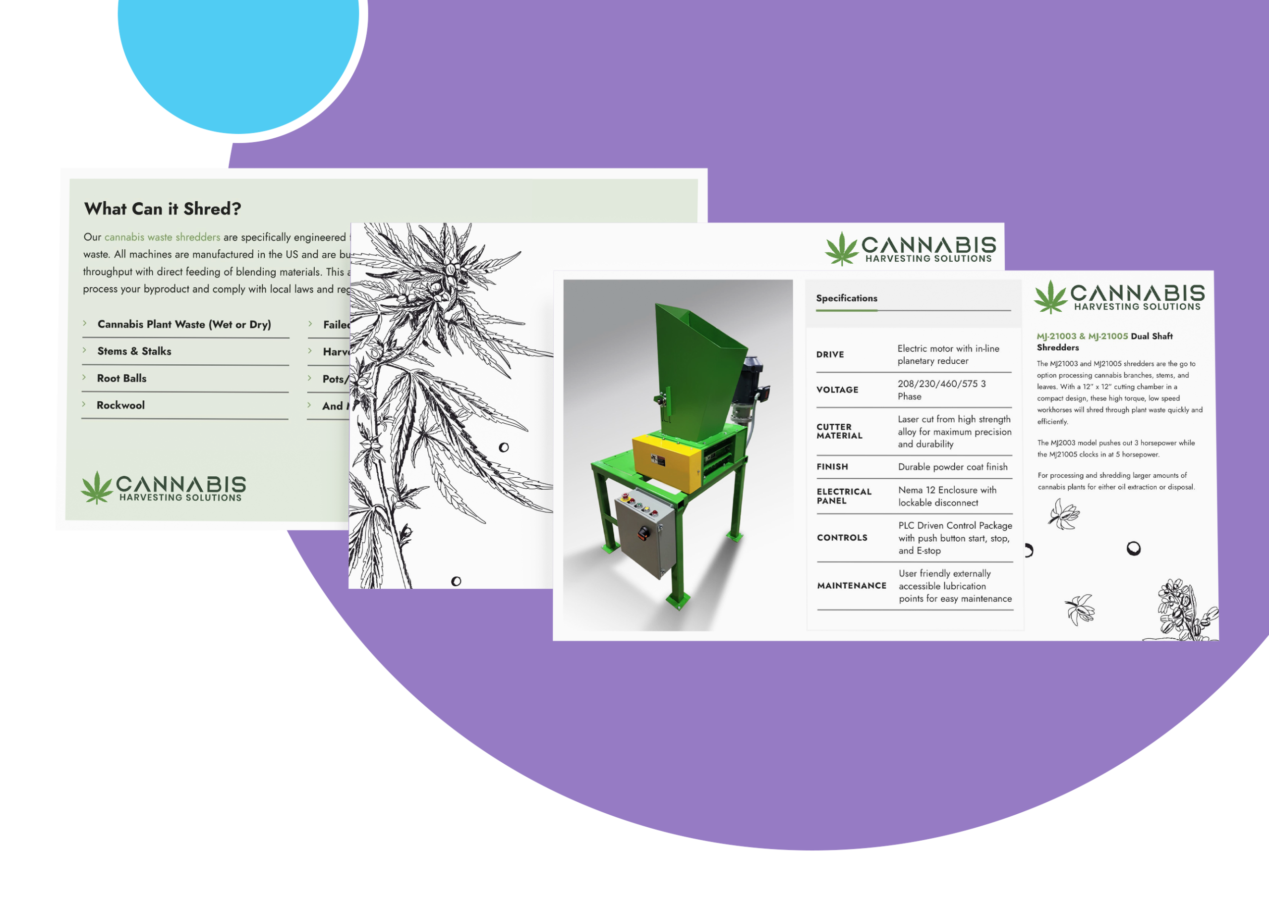 Three informational flyers about a cannabis shredding machine are displayed with professional graphic design. The first lists items the machine can shred, the second shows a picture of the machine, and the third provides detailed specifications. The background features a gradient of blue and purple by Millworks Web Design & Graphics.