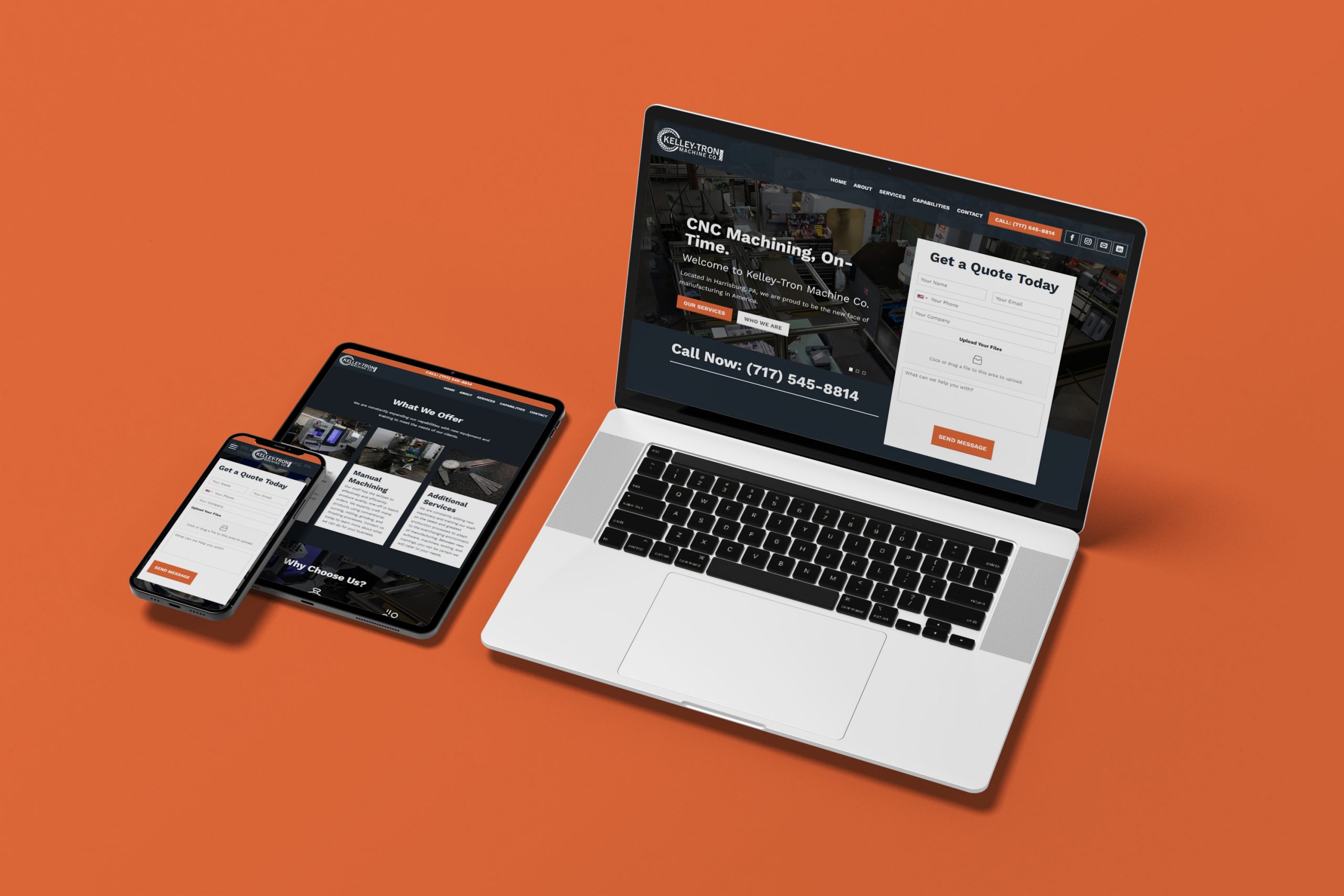 An open laptop, tablet, and smartphone displaying the same website on their screens. The website from Millworks Web Design & Graphics features a "Get a Quote Today" form and the text "CNC Machining, On Time, On Budget," along with a contact number. The devices are set against an orange background.