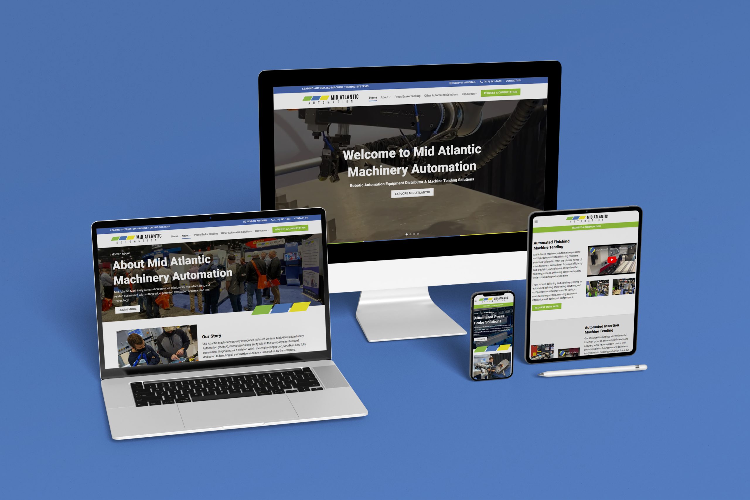 A blue background with a desktop computer, laptop, tablet, and smartphone displaying the Mid Atlantic Machinery Automation website, designed by Millworks Web Design & Graphics. The site features sections about the company, their services, and automation solutions, consistent across all devices.