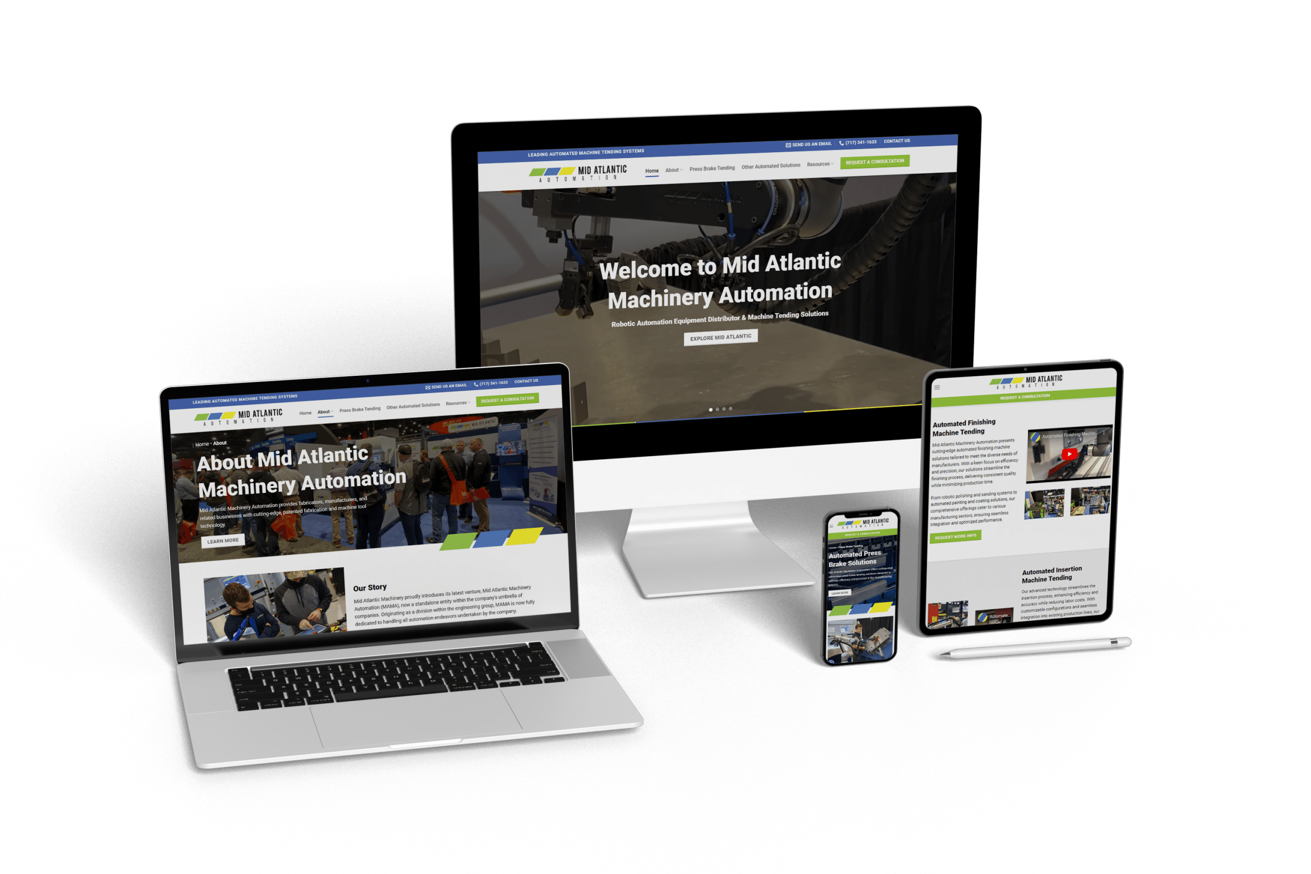 A laptop, desktop monitor, tablet, and smartphone each displaying the website of Mid Atlantic Machinery Automation. The consistent web design offers information about the company and its services across all devices, crafted with expertise by Millworks Web Design & Graphics.