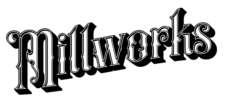 A stylized image of the word "Millworks" written in an ornate, vintage font with intricate details on a black background. The text is slightly slanted upward from left to right, making it a perfect focal point for any graphic design project or custom website.