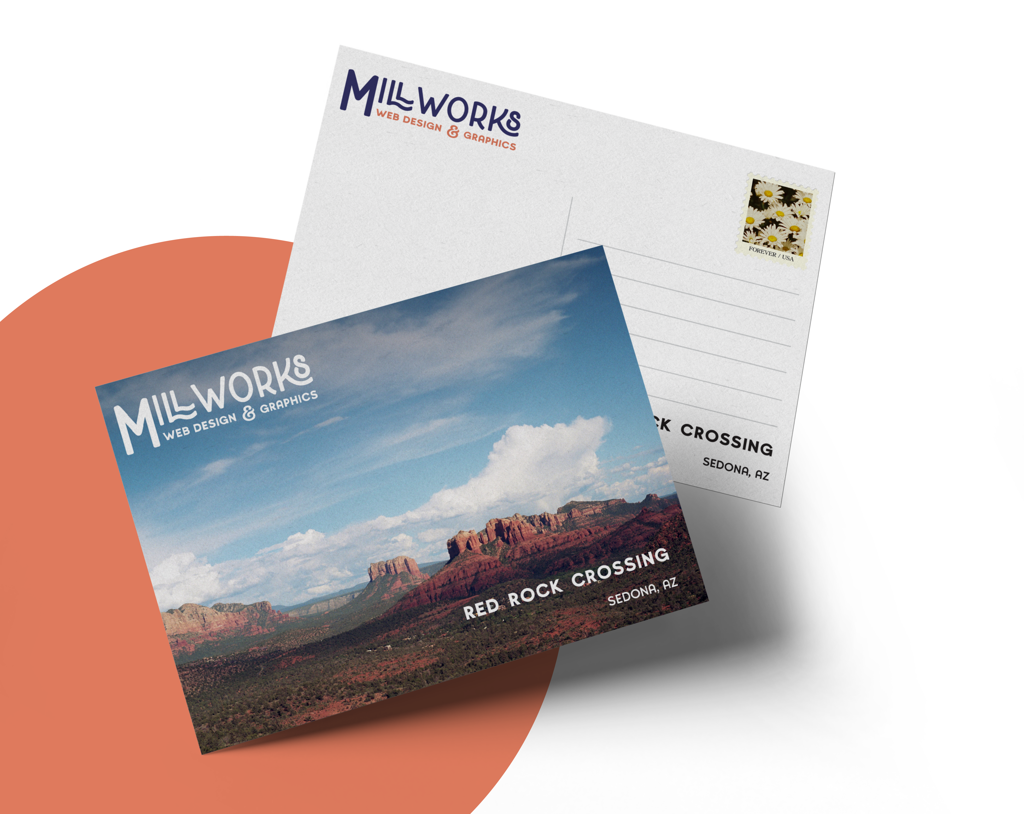 A front and back view of two postcards from Millworks Web Design & Graphics. One showcases a scenic image of Red Rock Crossing in Sedona, AZ, while the back includes spaces for a personal message, an address, and a stamp. Perfect for highlighting your web design journey or digital marketing achievements.