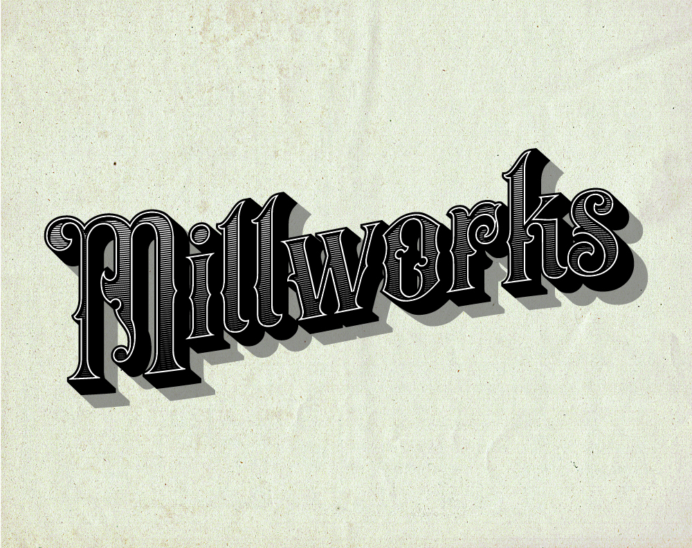 The image features the word "Milkworks" written in a stylized, vintage typeface with ornate details. The text has a 3D effect, casting a shadow to the right, giving a sense of depth against a textured beige background, reminiscent of custom websites crafted by Millworks Web Design & Graphics.