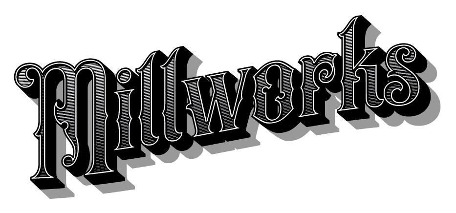 The image displays the word "Millworks" written in elaborate, stylized, white, embossed letters on a black background. The font is decorative with intricate detailing and a slightly slanted orientation, reminiscent of sophisticated web design elements.