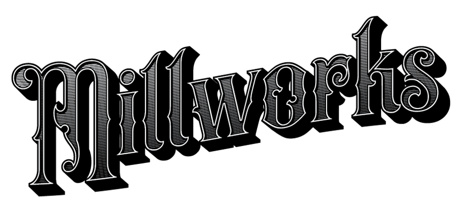 The image features the word "Millworks Web Design & Graphics" written in a decorative, vintage-style font. The letters are outlined with intricate line details and shadowing, set against a solid, dark background.