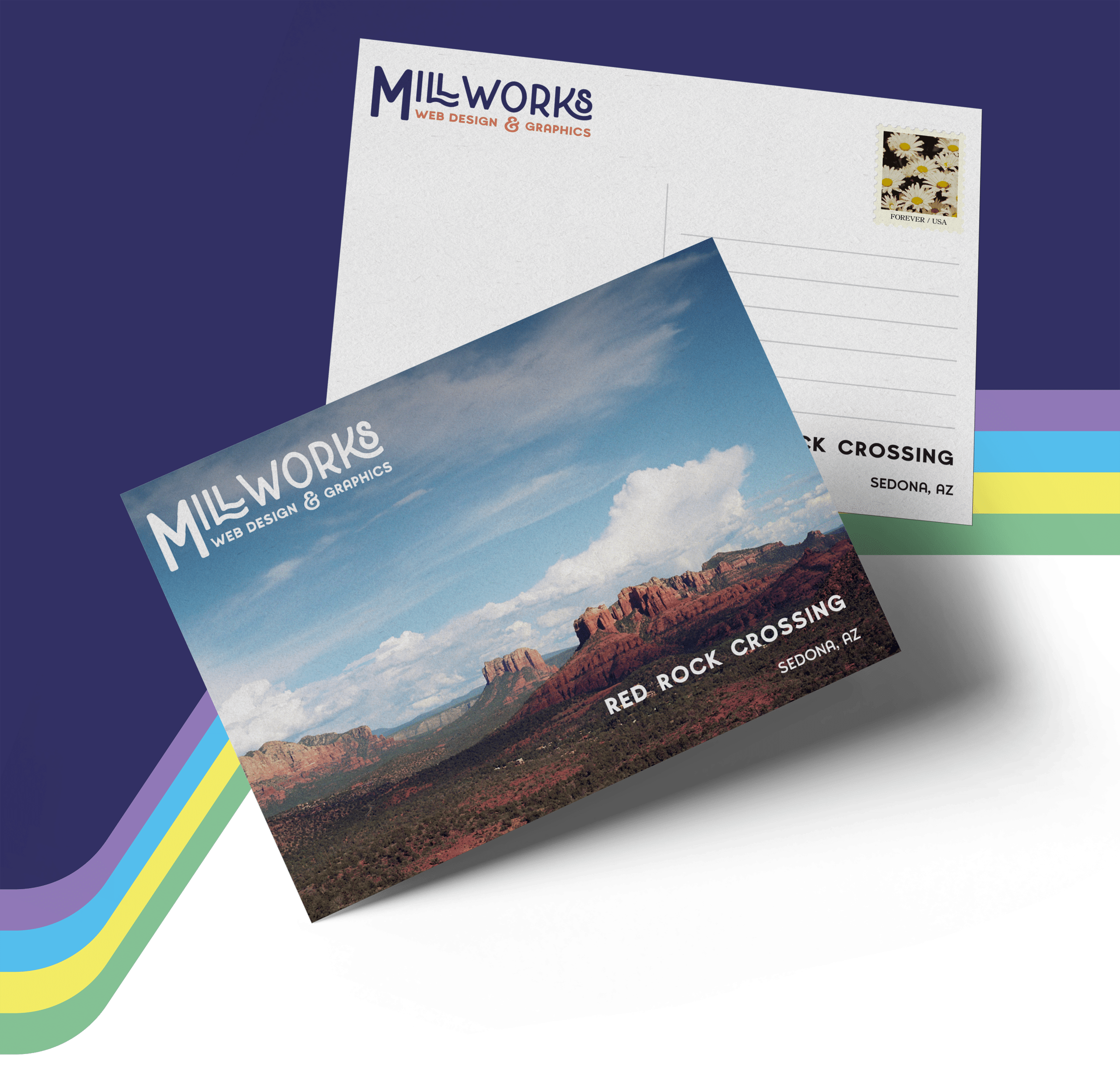 A postcard showcases Red Rock Crossing in Sedona, Arizona, with striking red rock formations beneath a blue sky. The "Millworks Web Design & Graphics" logo graces the front. The back includes a stamp and space for addresses.