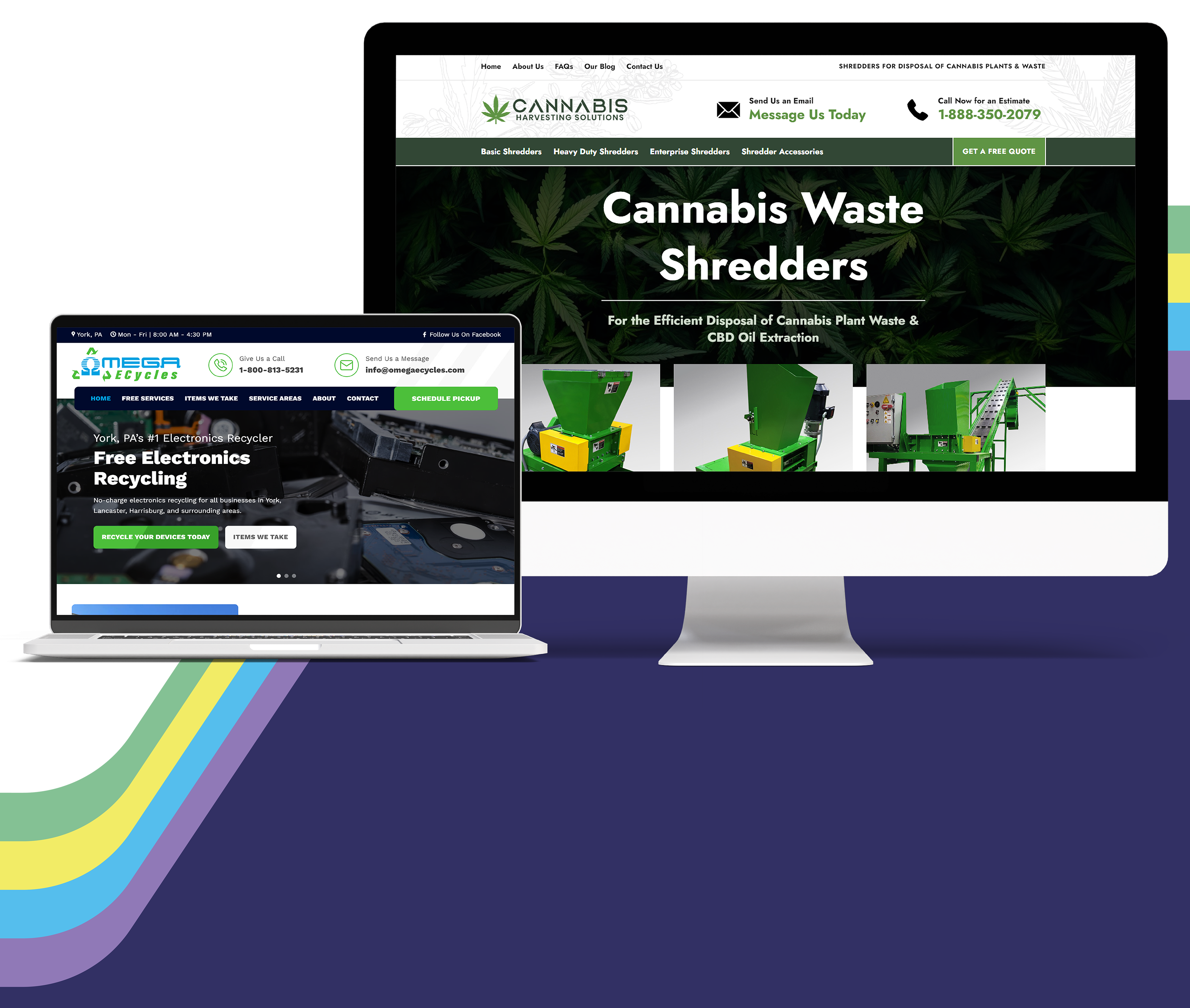 A graphic featuring two screens. The larger screen, designed by Millworks Web Design & Graphics, showcases a website for cannabis waste shredders with greenery and shredder images. The smaller screen displays a site promoting free electronics recycling with a recycling logo and electronics background.