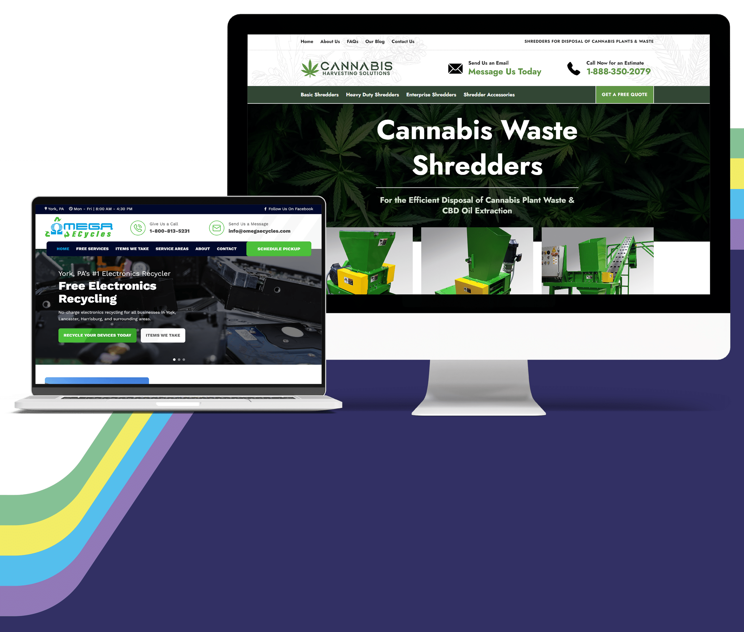 A graphic featuring two screens. The larger screen, designed by Millworks Web Design & Graphics, showcases a website for cannabis waste shredders with greenery and shredder images. The smaller screen displays a site promoting free electronics recycling with a recycling logo and electronics background.