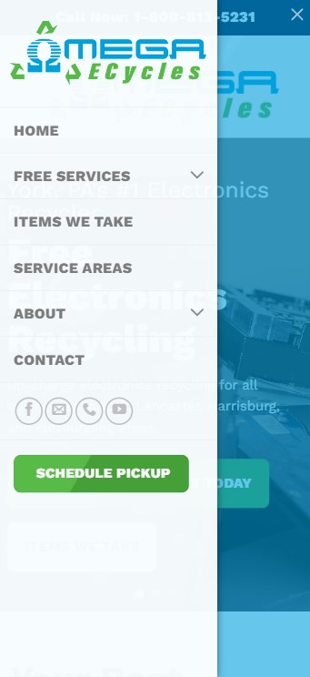 Screenshot of a website menu for MEGA Recycles, a recycling service with a sleek web design. Menu options include Home, Free Services, Items We Take, Service Areas, About, and Contact. A green "Schedule Pickup" button sits at the bottom. The phone number is prominently displayed at the top for easy access.