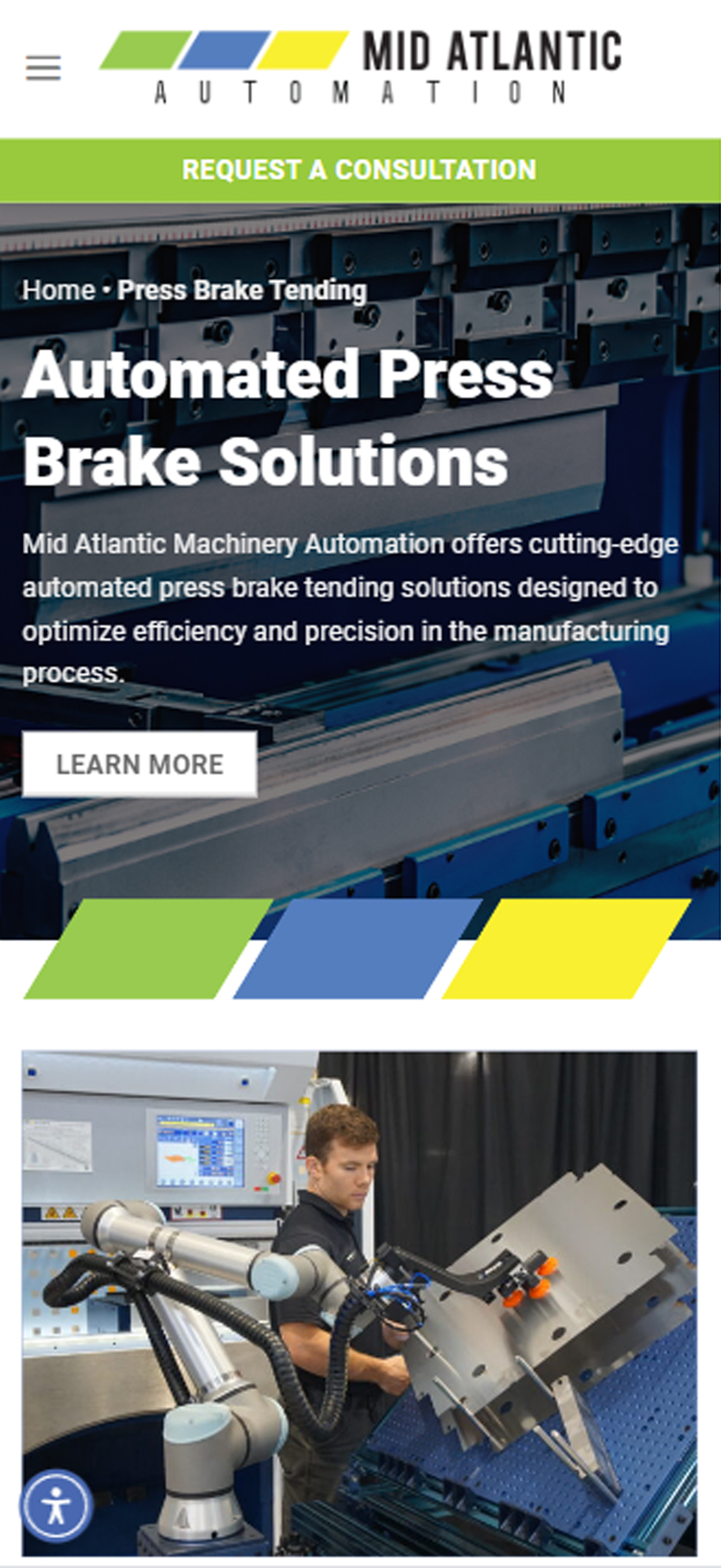 Screenshot of a website from Mid Atlantic Automation, designed by Millworks Web Design & Graphics, featuring a banner that reads "Automated Press Brake Solutions." Below is an image of a technician operating a robotic press brake machine. There's a "Learn More" button with additional information about automation services.