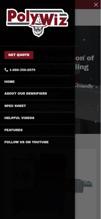Screenshot of a PolyWiz webpage designed by Millworks Web Design & Graphics showing a menu. The menu includes options like "Get Quote," a contact number, and links to "Home," "About Our Densifiers," "Spec Sheet," "Helpful Videos," "Features," and "Follow Us on YouTube.